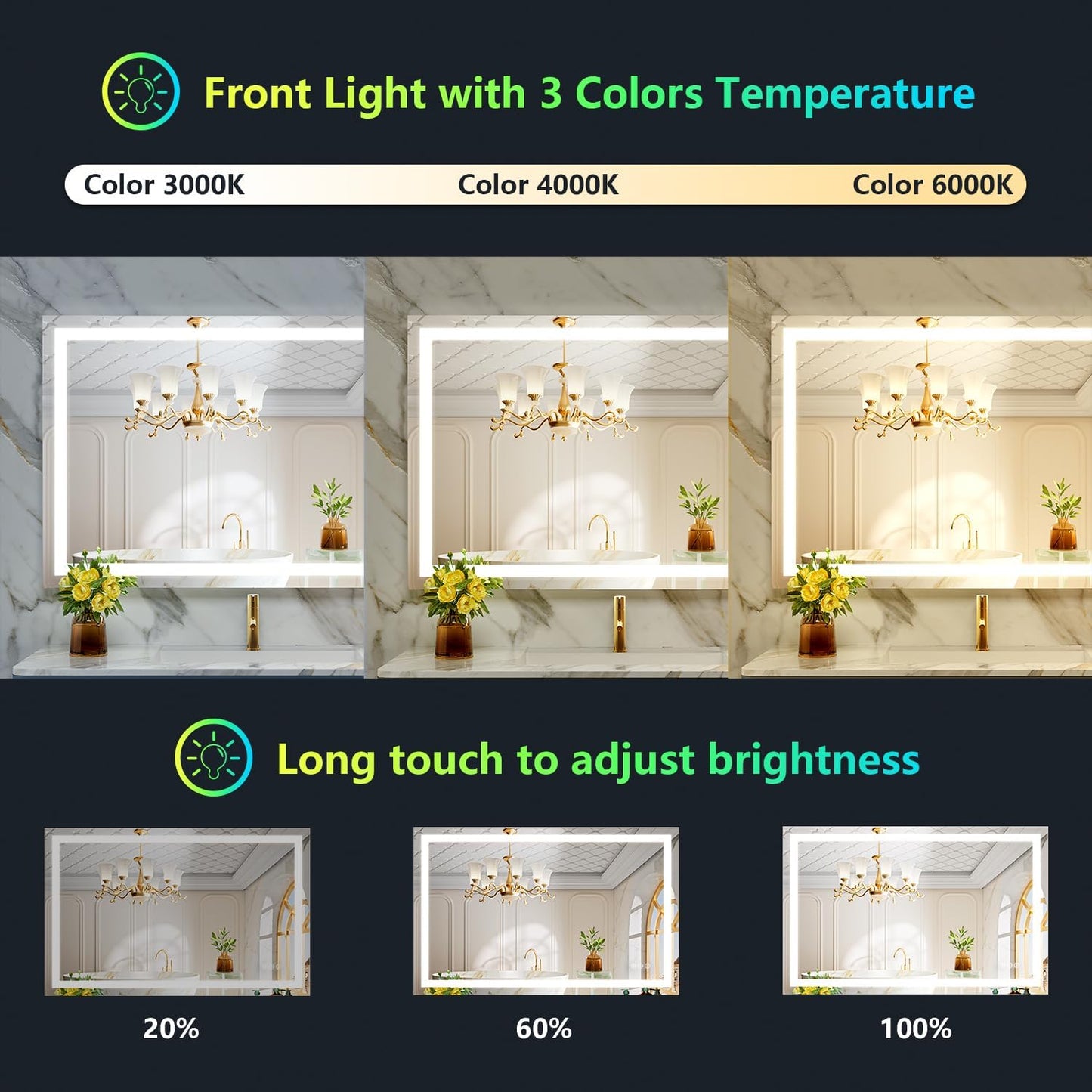 40x24 Inch RGB LED Bathroom Mirror Front Light and RGB Backlit Lighted Vanity Mirror for Bathroom Wall Mounted Dimmable Anti Fog Memory Shatter-Proof IP54 Waterproof Horizontal/Vertical