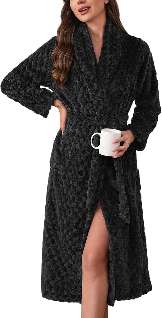 Ekouaer Women's Robe Long Plush Soft Bathrobe Jacquard Color Block Robes Shawl Collar Sleepwear with Pockets S-XXL