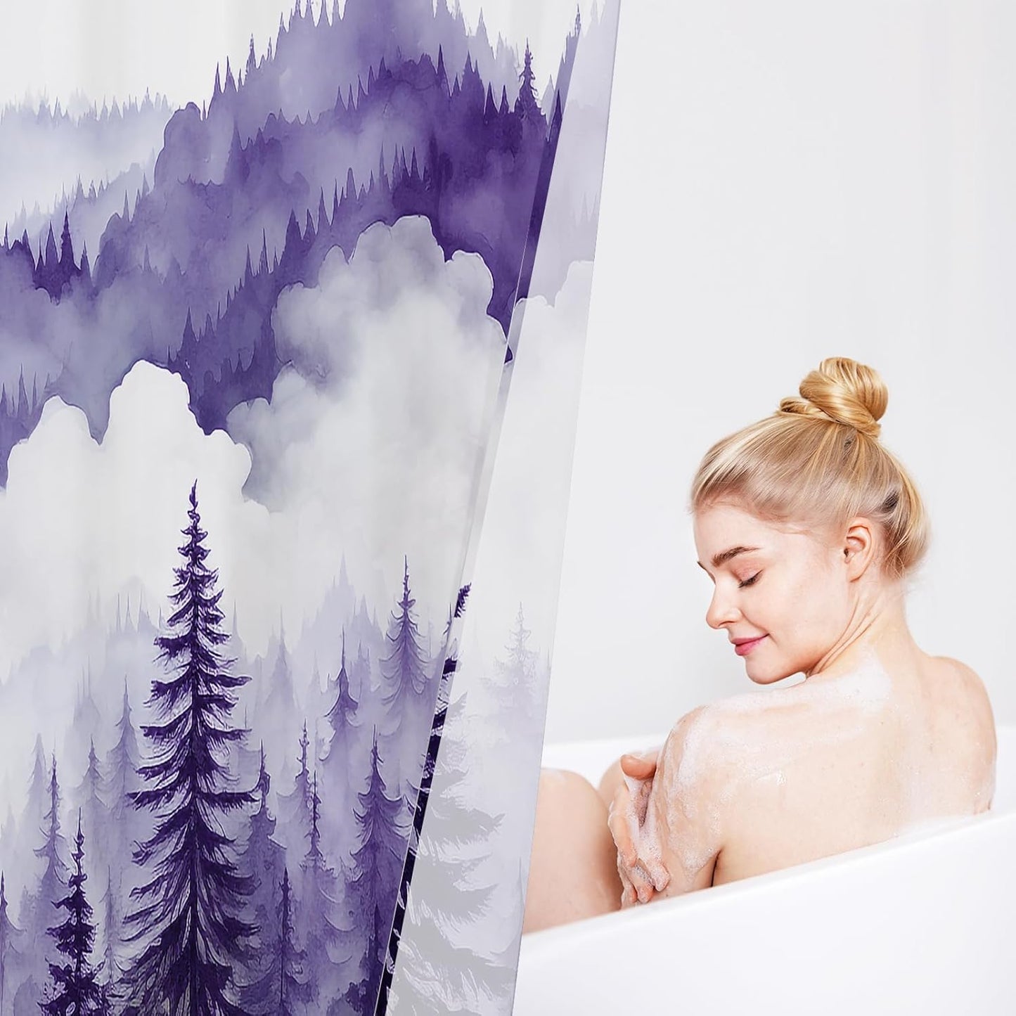 Purple Extra Long Misty Pine Forest Shower Curtain 72 x 84, XL Mountain Foggy Woodland Scenery Tree Shower Curtains for Bathroom, Abstract Waterproof Nature-Themed Decor