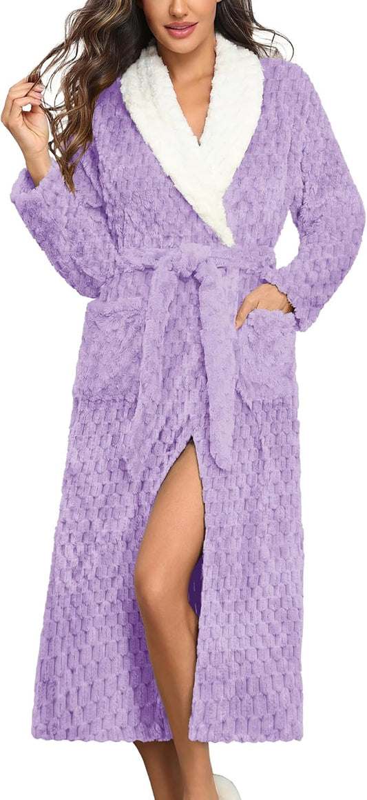 Ekouaer Women's Robe Long Plush Soft Bathrobe Jacquard Color Block Robes Shawl Collar Sleepwear with Pockets S-XXL