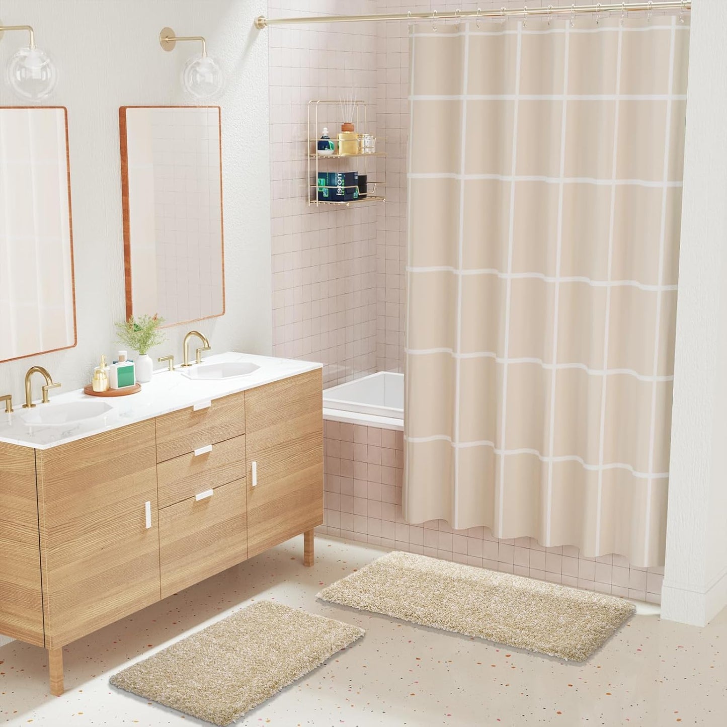 Yimobra Luxury Bathroom Rugs, Fluffy Bath Mats, Non Slip, Water Absorbent Microfiber, Machine Washable, Plush Runner Shower Rugs, Thick Matts for Bathroom Floor/Tub, 47"x 24", Light Beige and White