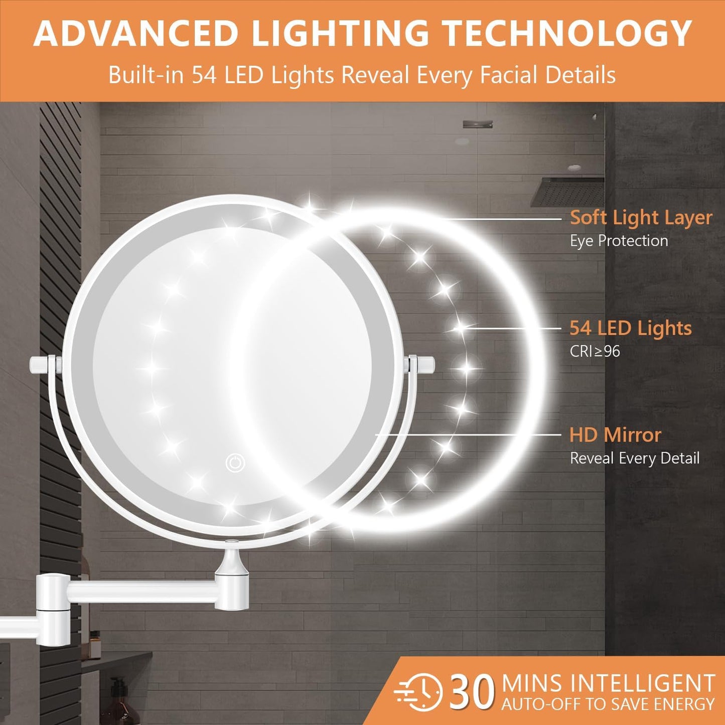 1X/20X Wall Mounted Makeup Mirror with Light, 8" Rechargeable Double-Sided Magnifying Mirror, Vanity Mirror Dimmable 3 Color Light, 360° Extension Rotation Foldable 14.5 Inch Arm for Bathroom