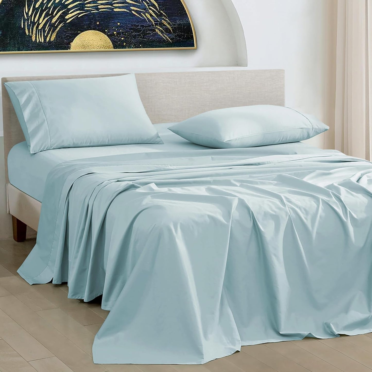 URBANHUT 1000 Thread Count King Sheet Set Egyptian Cotton, Long Staple Soft & Breathable, 4 Pc Bed Sheet Sets,Sateen Weave Luxury Hotel Sheets Fits 16" Deep Pocket - Light Blue