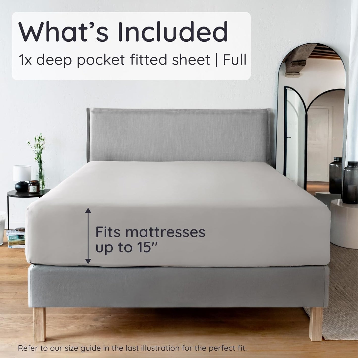 Bambaw 100% Viscose Derived from Bamboo Fitted Sheet Full Size, Cooling Fitted Sheet Full Size, 15’’ Deep Pockets Full Fitted Sheets Only, Ultra Soft Full Size Bottom Sheets Only (Moonlight Gray)
