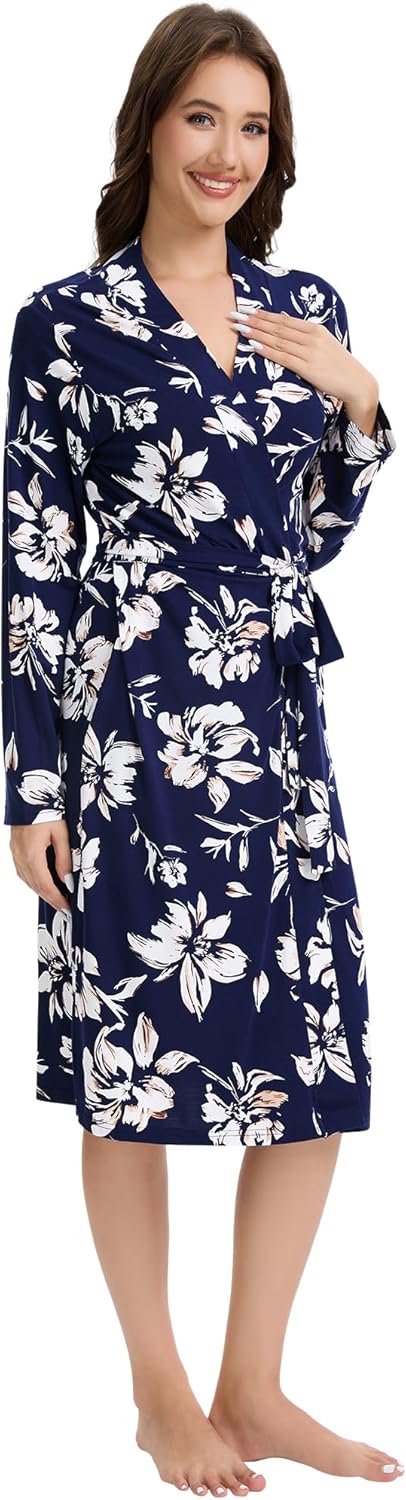 WiWi Women's Robe Long Sleeve Bathrobe with Pockets Soft Kimono Spa Lightweight Robes Bamboo Viscose Loungewear S-XXL
