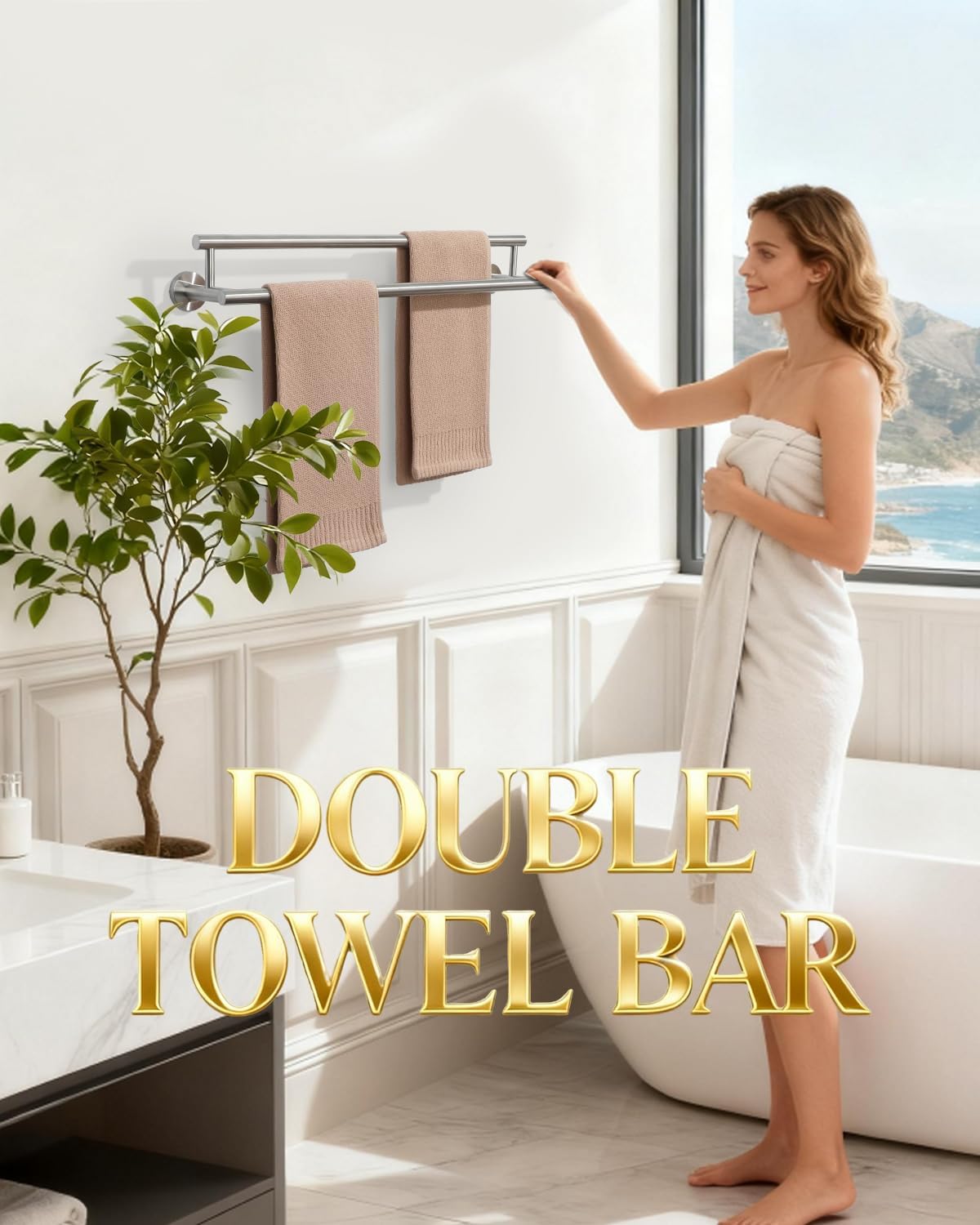 Alise Double Bath Towel Bars,24 Inch Towel Racks for Bathroom Wall Mounted,SUS304 Stainless Steel Towel Holder,Space-Saving Towel Hanger,Modern Decor Towel Rod,Brushed Nickel Towel Rail,GYT6902-LS