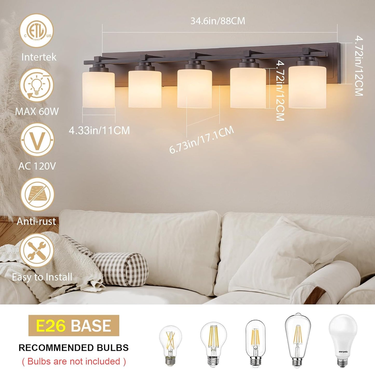 5 Light Modern Bathroom Light Fixtures Over Mirror, Bronze Finish Vanity Lights for Bathroom Wall Sconces with Milky White Glass Shades, E26 Socket (Bulbs Not Included)