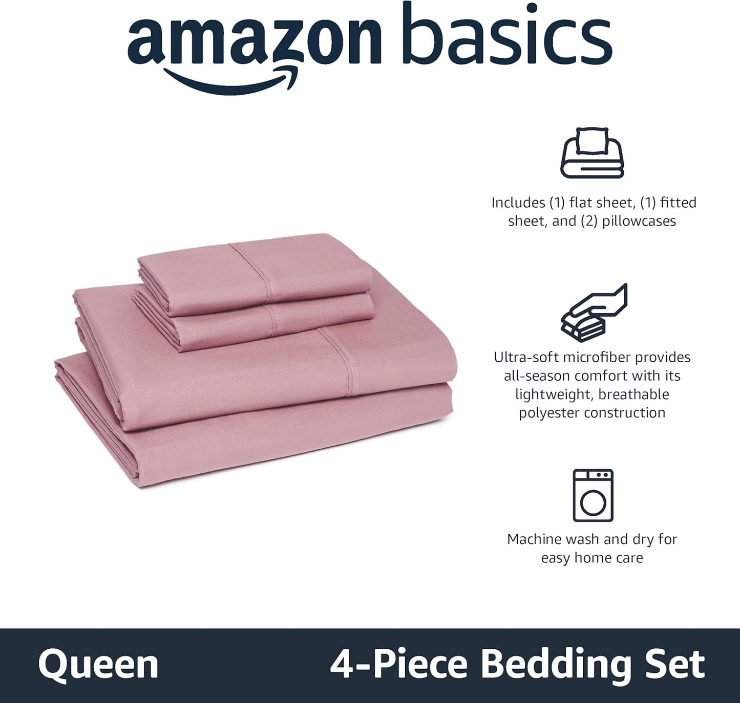 Amazon Basics Lightweight Microfiber 4-Piece Bed Sheet Set, Rose, Solid, Queen
