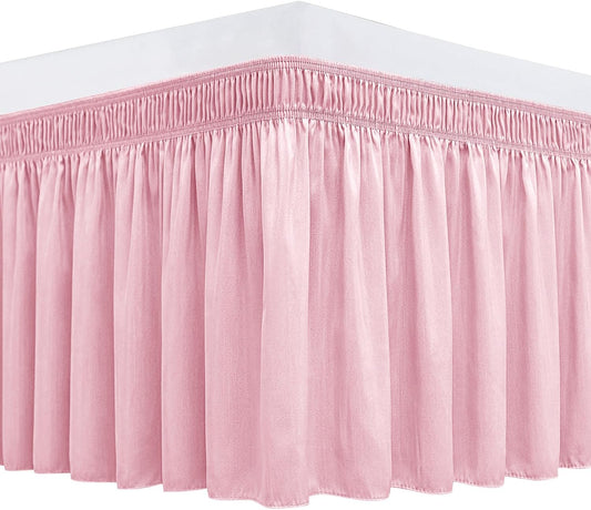 Biscaynebay Wrap Around Bed Skirts for Full & Full XL Beds 15" Drop, Pink Adjustable Elastic Dust Ruffles Easy Fit Wrinkle & Fade Resistant Silky Luxurious Fabric Machine Washable
