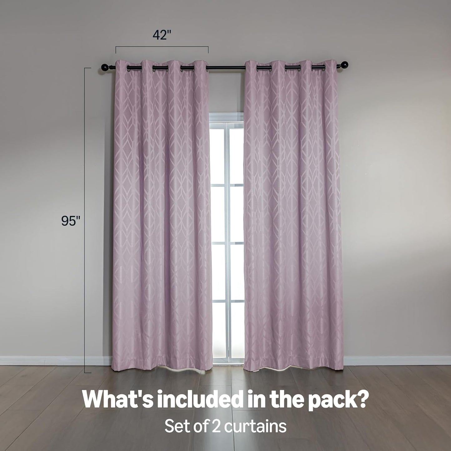 Amazon Basics Jacquard 2-Piece 100% Blackout Curtains, Living Room and Bedroom Drapes, Thermal Insulated Window Treatment, 42"x95", Pink