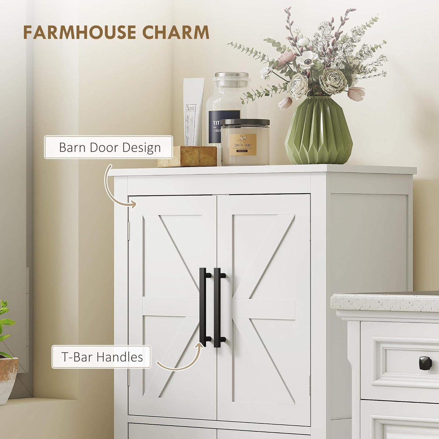 HOMCOM Farmhouse Bathroom Storage Cabinet with 4 Barn Doors, Bathroom Floor Cabinet with 2 Adjustable Shelf, Freestanding Storage Cupboard, White