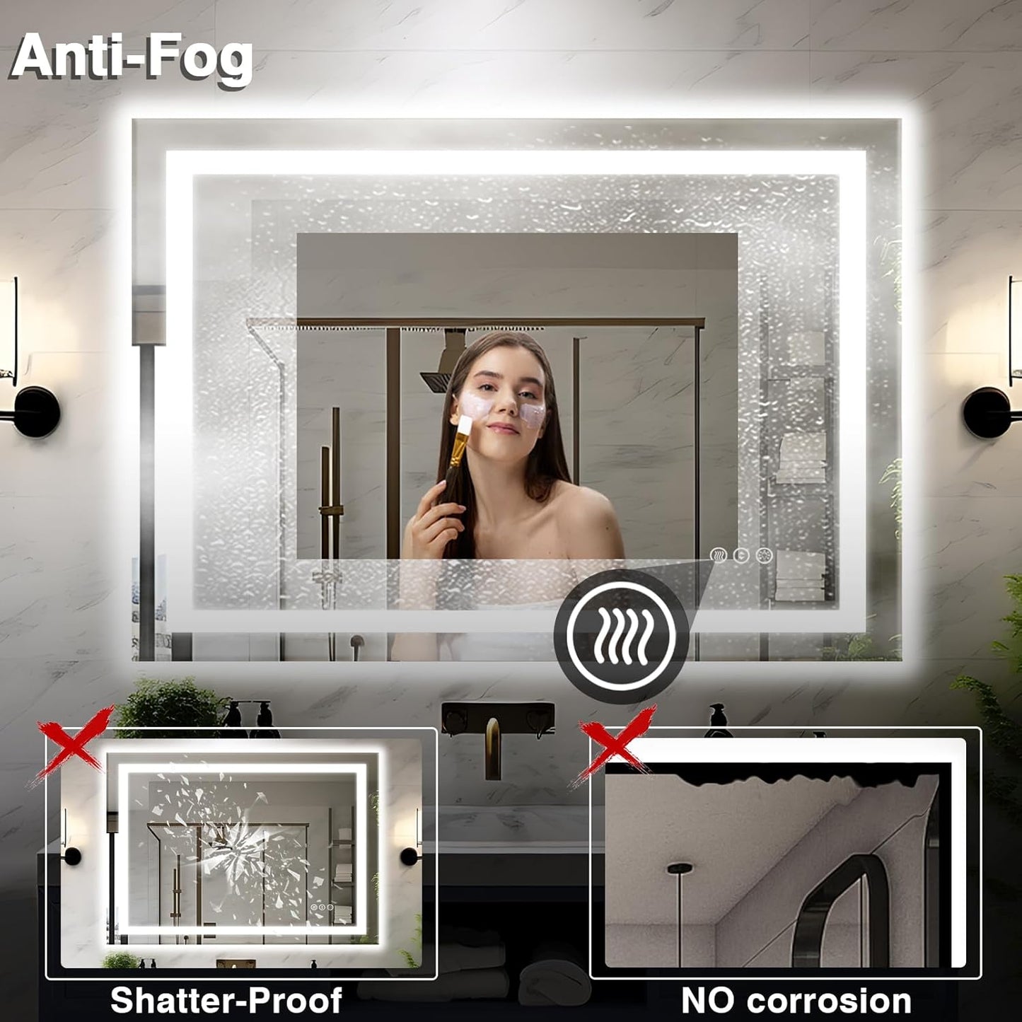 48"x36" LED Bathroom Mirrors for Wall, Front and Backlit Mirror, Anti-Fog Vanity Mirror with Lights, Stepless Dimmable Lighted Mirror, 3 Colors Smart Mirror (Horizontal/Vertical)