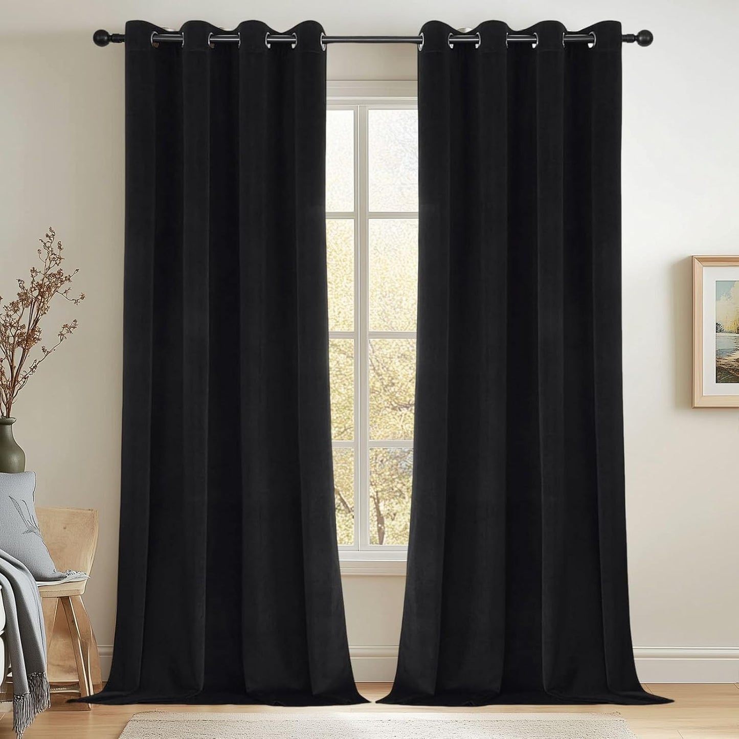 Joydeco Black 100% Blackout Curtains 84 Inch 2 Panels, Luxury Thermal Insulated Black Velvet Curtains for Bedroom Living Room, Soundproof Blackout Window Drapes, Grommet Top (52W x 84L)