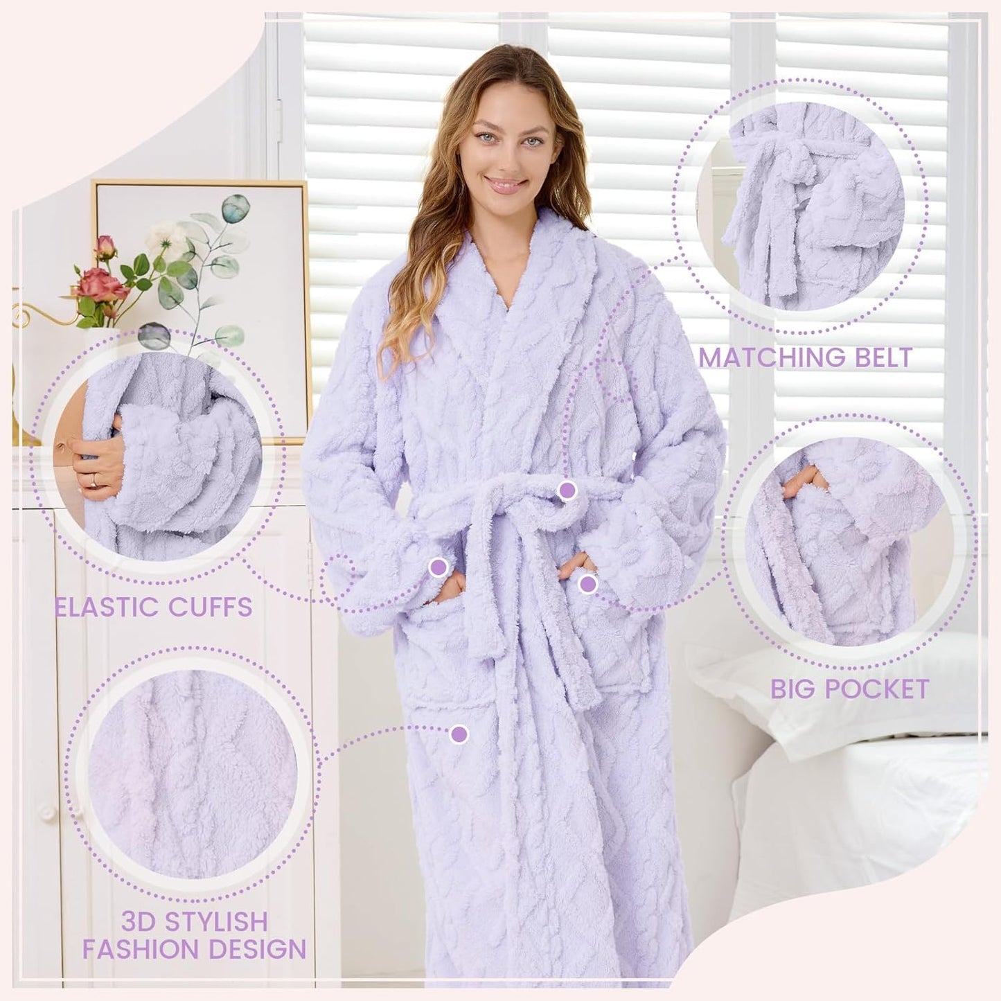 MIZZEO Microfiber Robes for Women, Cozy Soft Warm Plush Women Robe Plush Long Bathrobe