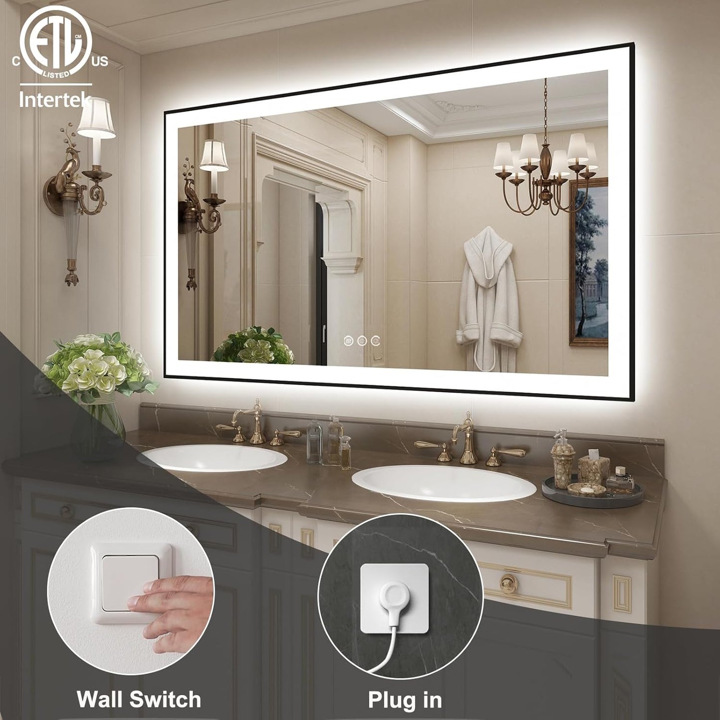 SMIROR LED Bathroom Mirror 57x36, Matte Black Framed Lighted Rectangle Vanity Mirrors for Wall, Front and Backlit, Dimmable, Anti-Fog, Memory, Shatterproof, ETL Listed (Horizontal/Vertical)