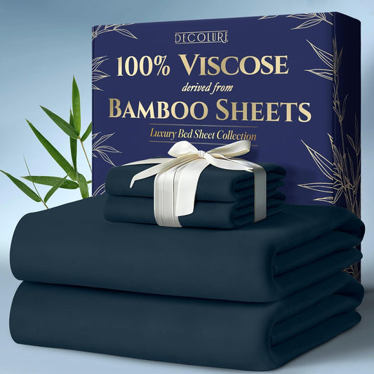 DECOLURE 100% Viscose Derived from Bamboo Sheets King Size 4pcs - Ultra Soft & Luxuriously Cooling, 17" Deep Pocket, Double Stitching, Perfect for Hot Sleepers - King Bed Sheets (Navy Blue)
