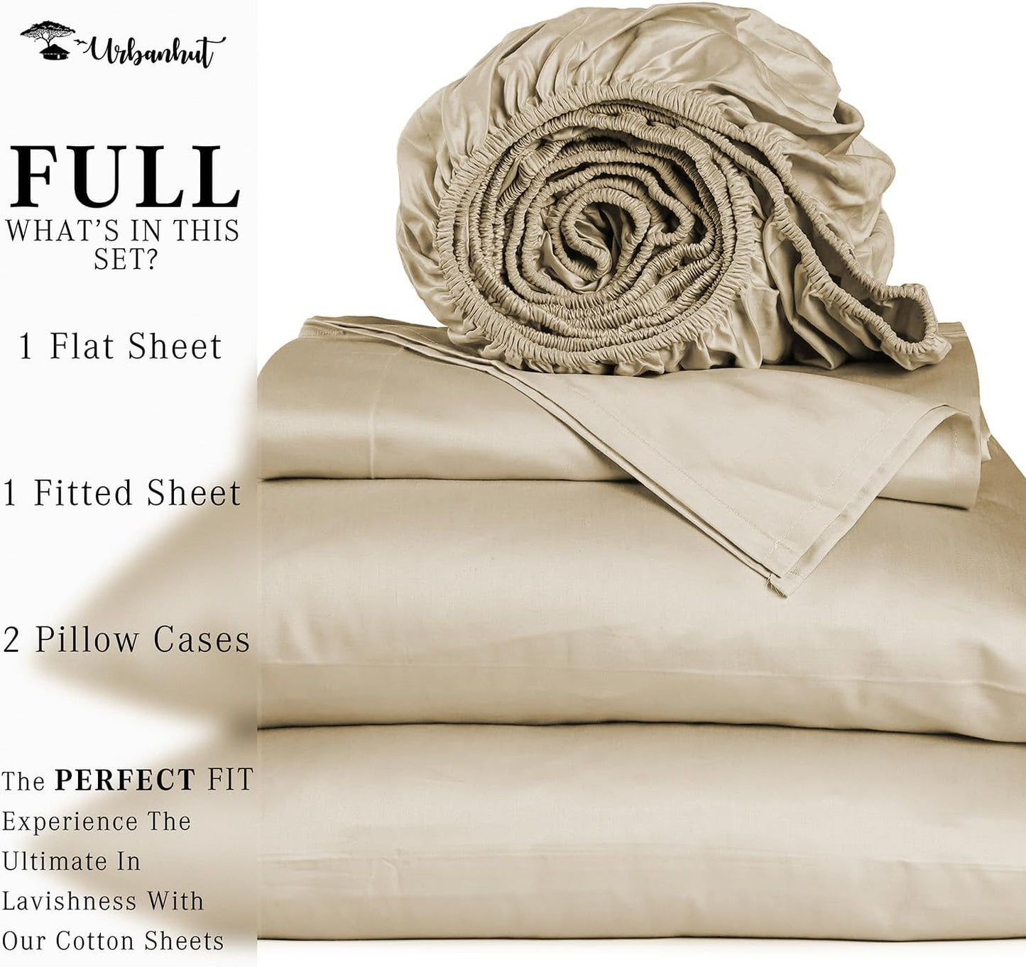 URBANHUT 700 Thread Count Egyptian Cotton Sheets Full Size, 4Pc Sheet Set Soft Luxury Bed Sheets for Full Size Bed, Sateen Weave Hotel Sheets, 14'' Elasticized Deep Pocket - Sand
