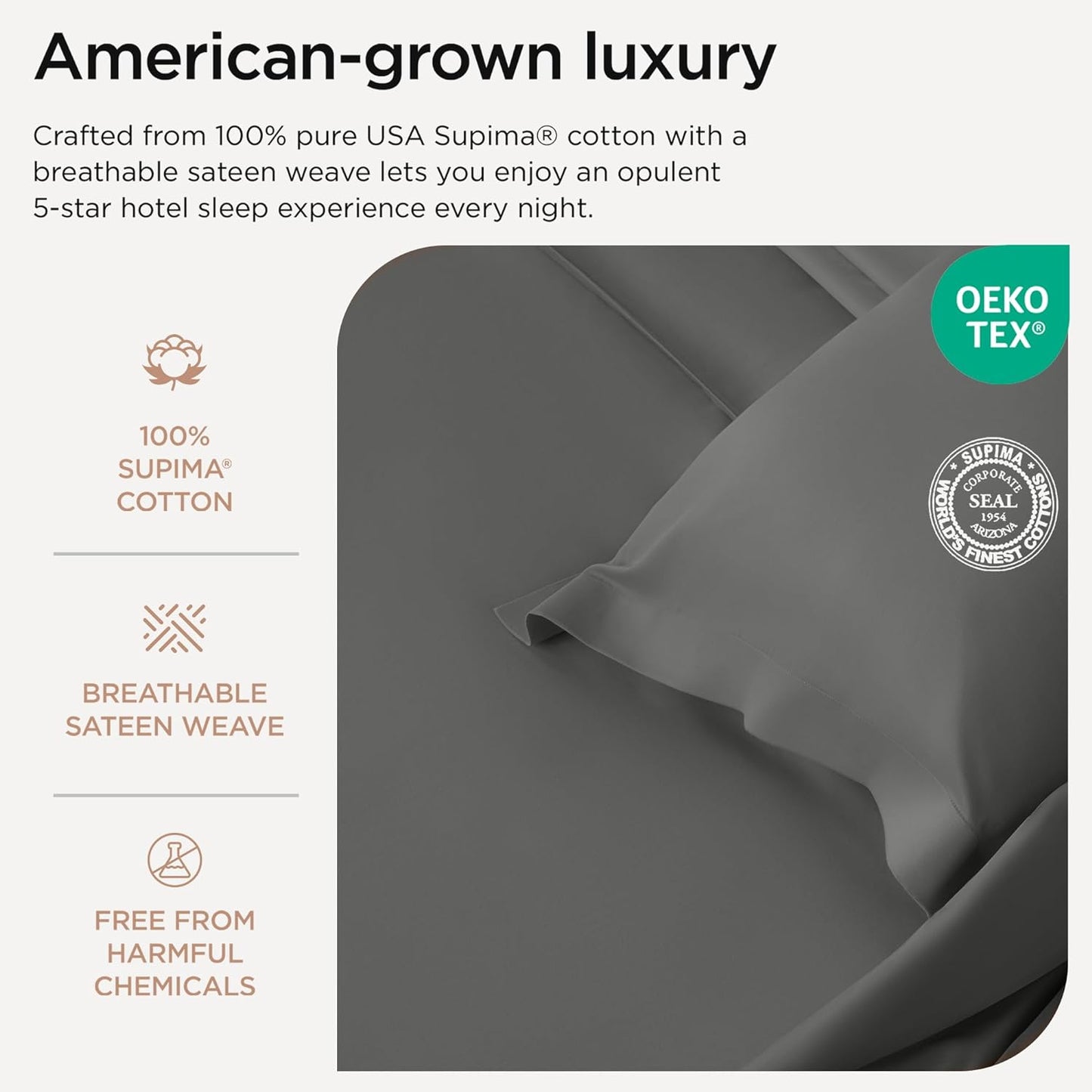 Threadmill Luxury Supima Cotton Sheets, Luxury 1000 Thread Count 100% Soft Cotton Sheets for Full Size Bed, 4 Pc Dark Grey Bed Sheets Full Set, 5-Star Hotel Quality Deep Pocket Bed Sheets Set