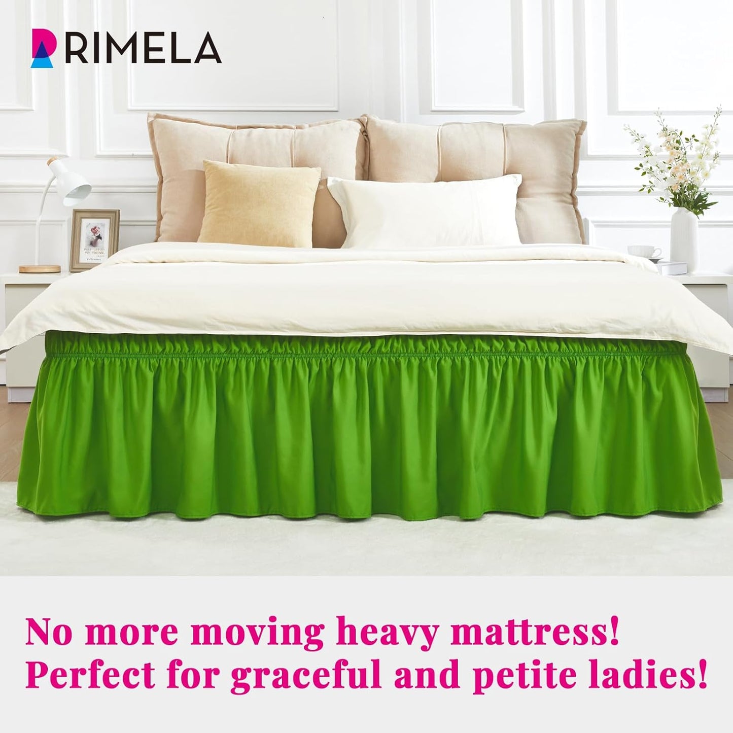 RIMELA Green Bed Skirt King Size 18 Inch Drop, Elastic Bed Skirting for Bed Base and Frame, Bedding Dust Ruffle Easy to Install, Lightweight Wrap Around Adjustable Bedskirt