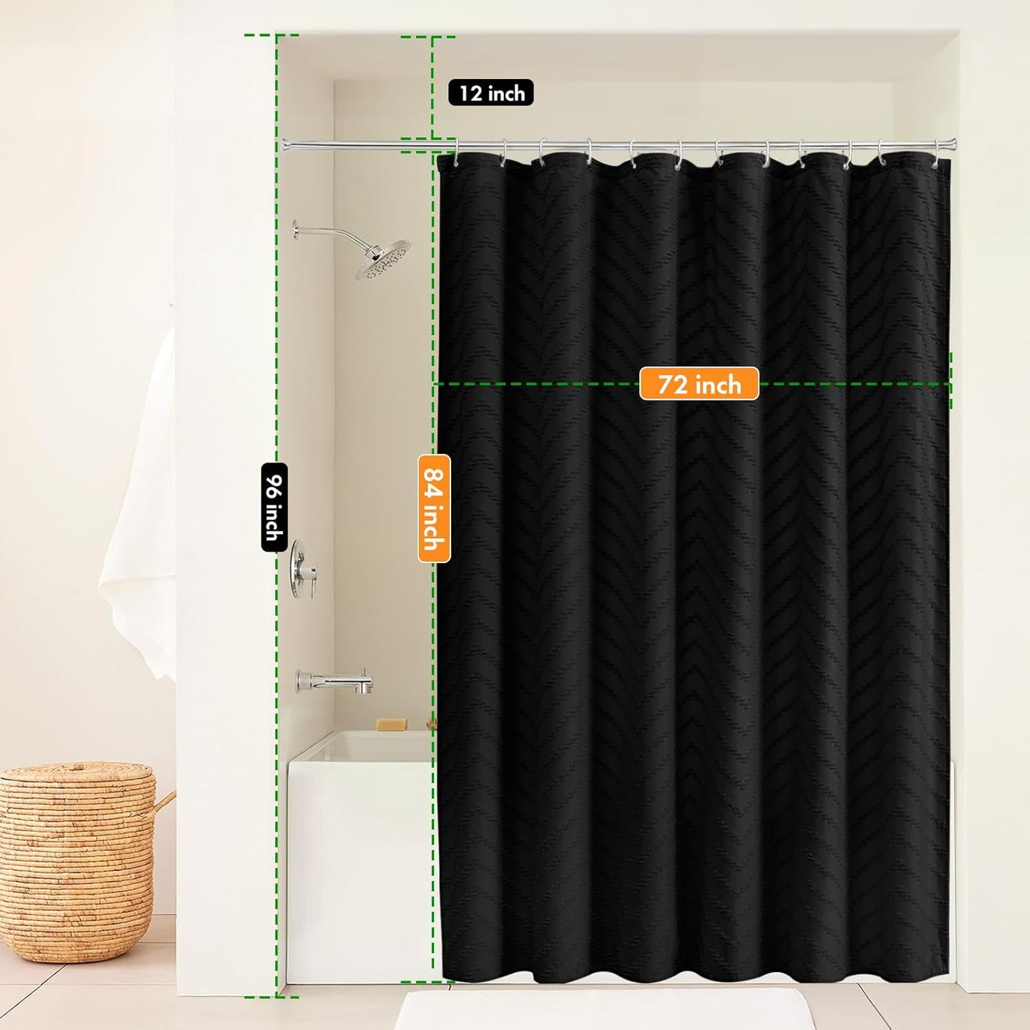 Extra Long Black Boho Shower Curtain 84 Inch Black Tufted Chevron Striped Fabric Shower Curtains for Bathroom Modern Shabby Chic Waterproof Cloth Shower Curtain Set with Hooks