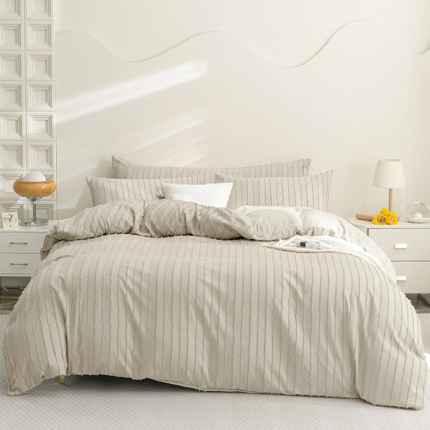 JELLYMONI Duvet Cover Super King Size Light Khaki - 3PCS Boho Striped Duvet Cover Set Polyester Tufted Bohemian Textured Comforter Cover 116×98in with Corner Ties & Zipper and 2 Pillowcases