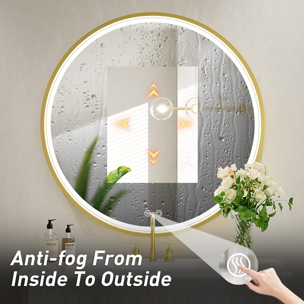 24" Round LED Bathroom Mirror, Dimmable Anti-Fog Vanity Mirror with Touch Control, 6000K Natural Light, Gold Metal Frame, Wall Mounted for Makeup Shaving (IP54, 90+ CRI)
