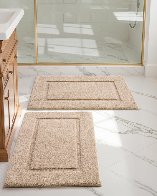 DEXI Bathroom Rugs Set 2 Piece 24x16, Washable Non Slip Bath Mat for Shower Floor, Absorbent Quick Dry Bathmat with Rubber Backing, Ultra Soft Plush Carpet for Tub, Beige