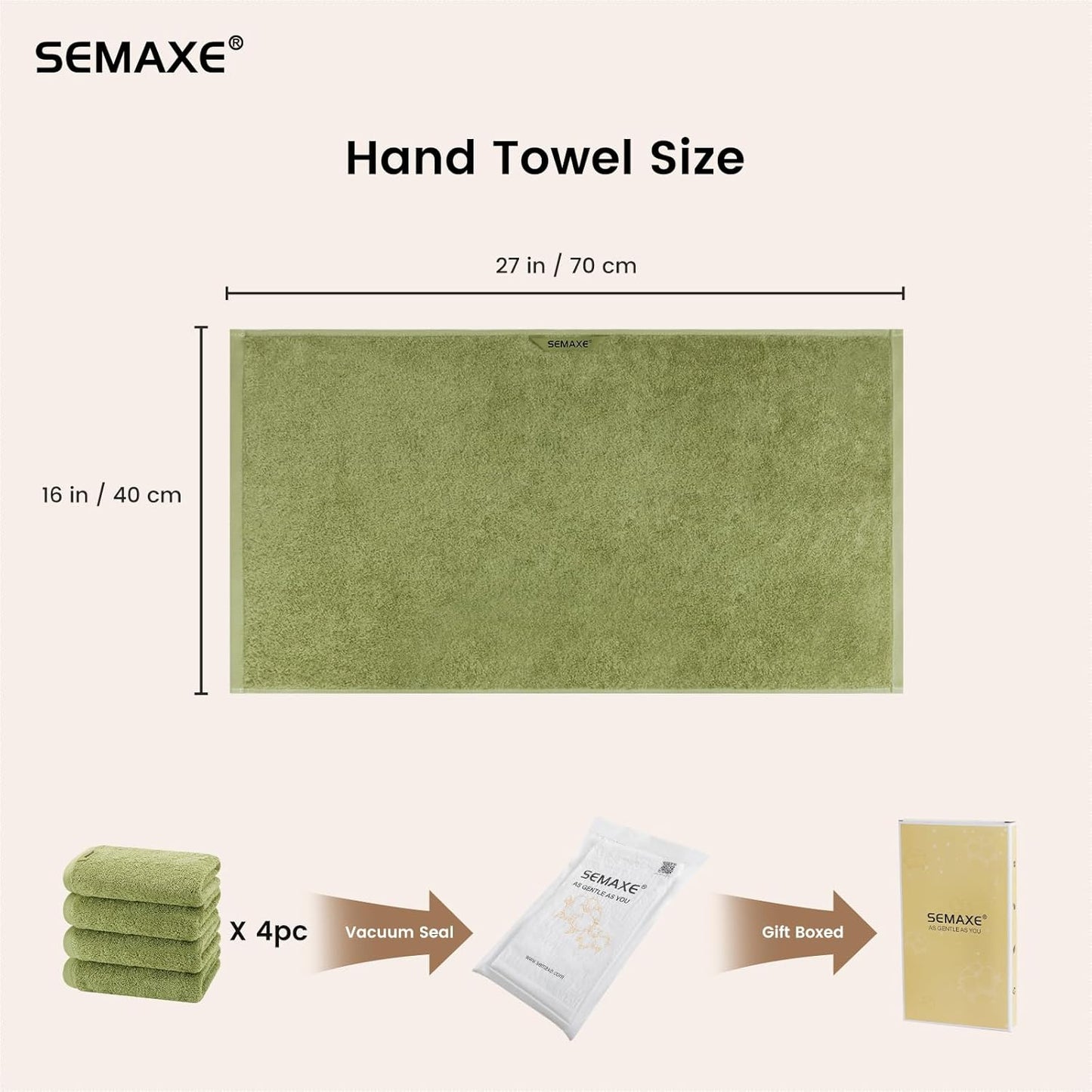 SEMAXE Sage Green Hand Towels for Bathroom, 100% Cotton Towels with Hanging Loops, Soft and Highly Absorbent, 4 Pack Hand Towel Set for Gym, Shower, Hotel, Spa and Kitchen