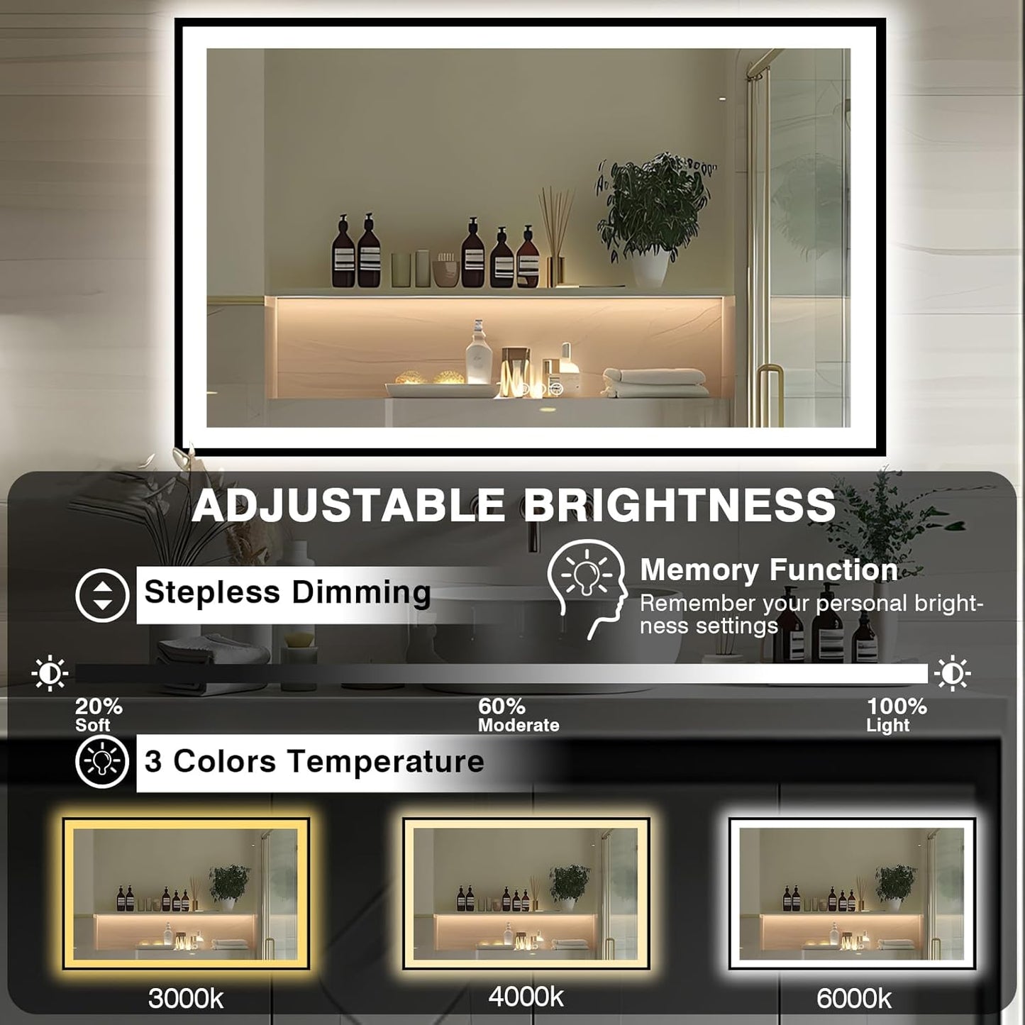 66x36 LED Lit Bathroom Mirror - Black Framed, Front and Backlit LED Mirror, Anti-Fog Bathroom Mirror with Lights, 3 Colors Stepless Dimmable Mirror, Touch Sense (Horizontal/Vertical)