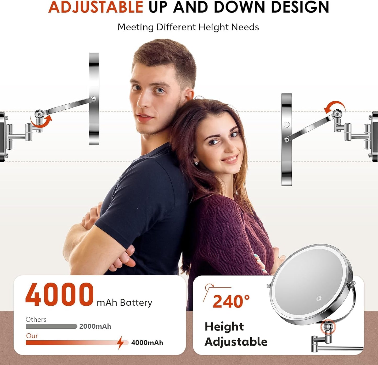 9" Wall Mounted Lighted Makeup Mirror,4000mAh Rechargeable Double Sided 1X/30X Magnifying Mirror with Light,Touch Dimmable,Extended Arm 360 Rotation Wall Mounted Makeup Mirror 3 Color Lights-C