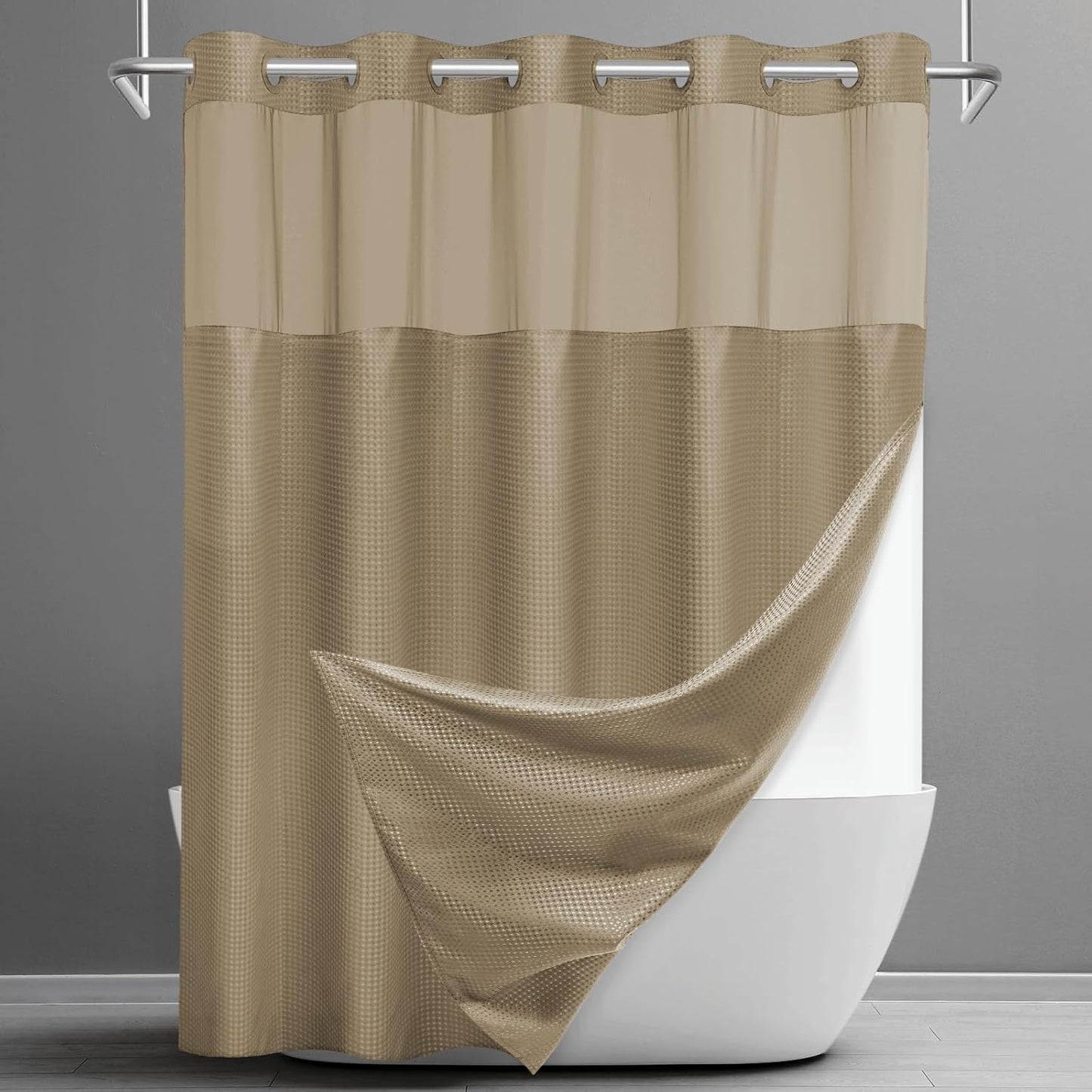 No Hook Shower Curtain with Snap in Liner Set Waffle Shower Curtain for Bathroom Hotel Style Fabric Waterproof Inner Liner，71" W x 74" H, Beige