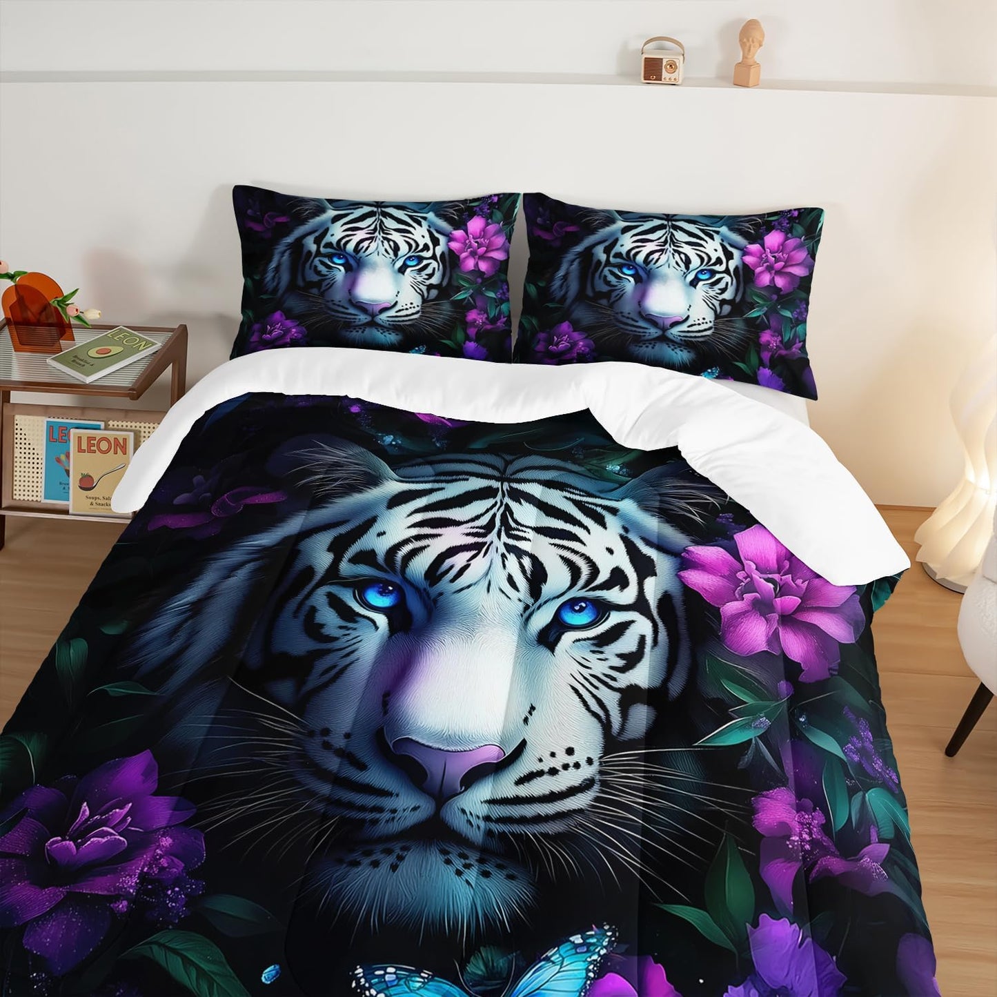 Wild Animal Themed Comforter Set Queen Size,White Leopard Floral Print Bedding Sets for Kids Teens Room Decor,Gothic Bedding All Season with 2 Pillowcases.