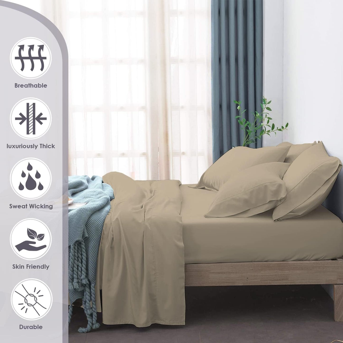 Pizuna Pure 100% Cotton Queen Size Sheet Set Simply Taupe, 800 Thread Count 100% Long Staple Cotton Sateen Queen Sheet Set with 15" Deep 2 Extra Pillowcases (Combed Cotton Bed Sheet Set)