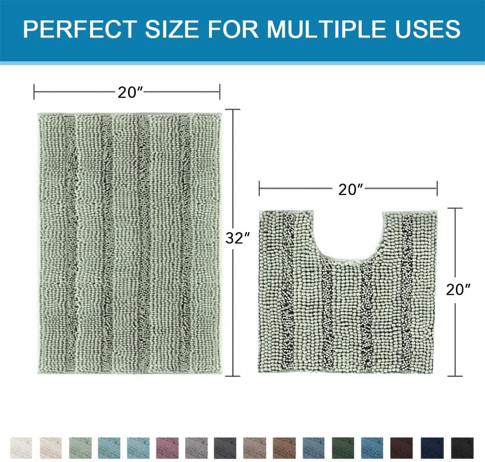 H.VERSAILTEX Bathroom Rugs Bath Rug Set 2 Piece Bathroom Contour Rug Toilet Mat Sets Non Slip Contour Bath Rug Ultra Thick Water Absorbent Striped Bath Mats Washable(20" x 32" Plus 20" x 20" U, Sage)
