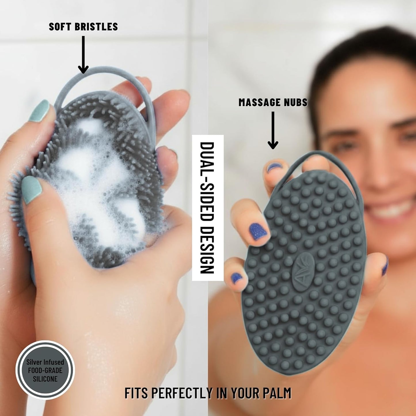 Silver Infused Silicone Body Scrubber Shower - Gentle Back Scrubber Soft Bristles - Avilana Premium Dual Sided Bath Brush Massage - Advanced Material Loofah Alternative - Gift Women Men
