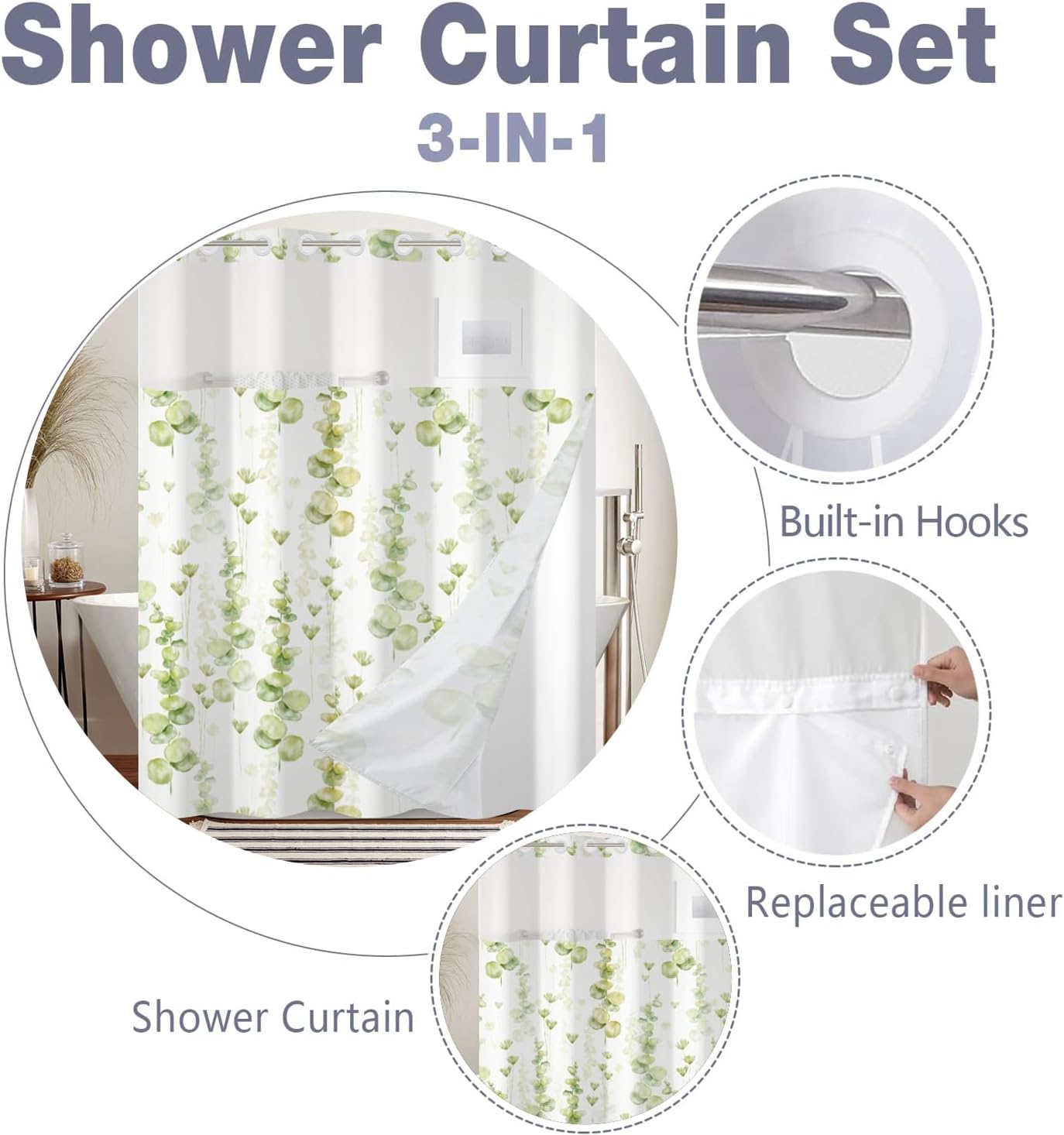 Green Leaves Shower Curtain No Hooks with Snap-in Fabric Liner Set,Spring Plant Vine Shower Curtain for Bathroom,Hotel Decor Waterproof Shower Curtains,with See Through Top Window,71W x 74H