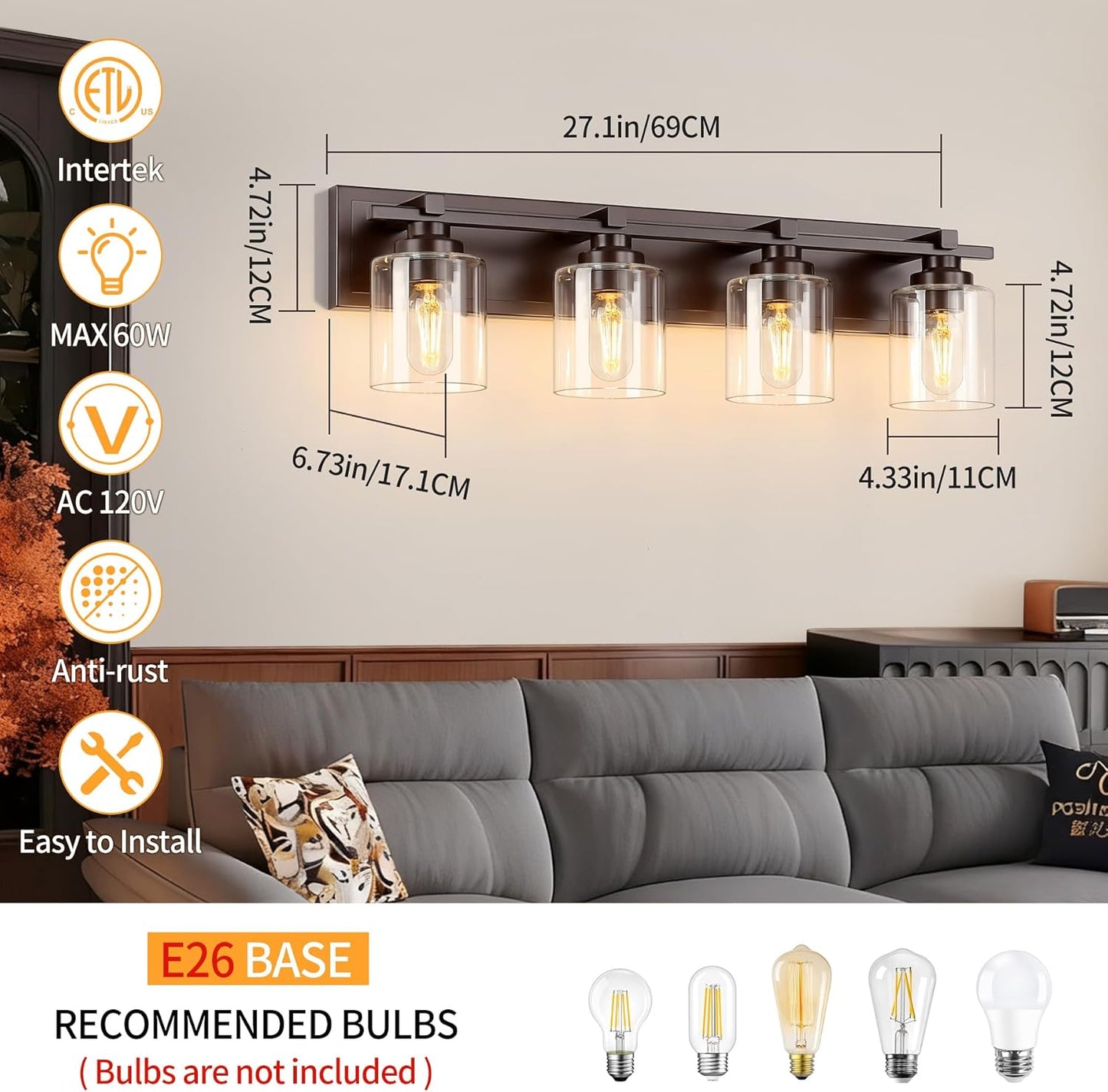 4 Light Modern Bathroom Light Fixtures Over Mirror, Bronze Finish Vanity Lights for Bathroom Wall Sconces with Clear Glass Shades, E26 Socket (Bulbs Not Included)