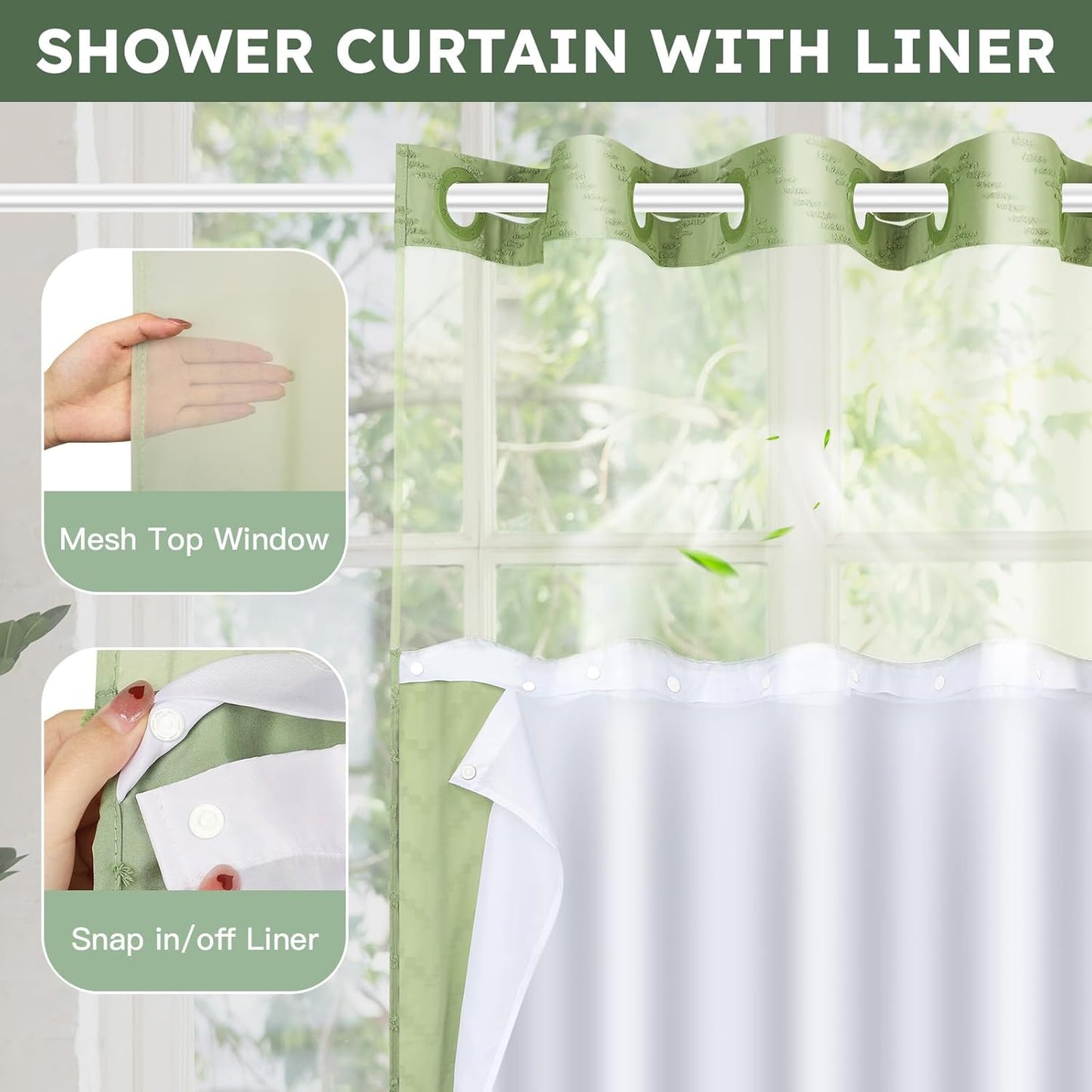 No Hook Shower Curtain and Snap in Liner Set Sage Green Tufted Chevron Striped Cloth Waterproof Washable Fabric Boho Modern Bath Curtain See Through Mesh Top Window for Bathroom Hotel 71" x 86"