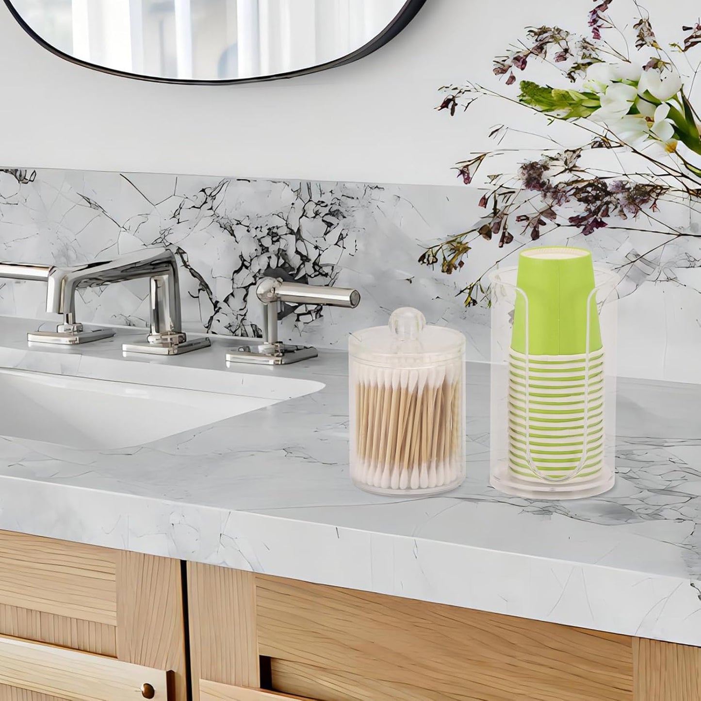 LoveBB 3oz-5oz Bathroom Cup Dispenser with 10oz Qtip Holder Dispenser, Small Disposable Paper Cup Holder Bathroom Accessories for Rinsing/Mouthwash Cups, Clear