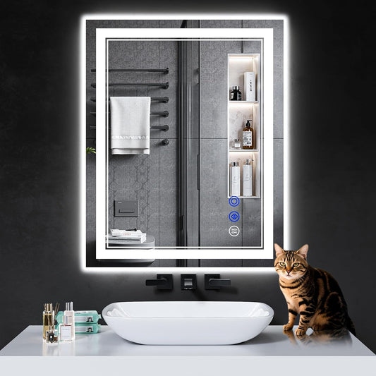 30"x24" LED Bathroom Mirror with Anti-Fog, Stepless Dimmable Lights, 3 Color Modes, Shatter-Proof Tempered Glass, Memory Function & Waterproof Design