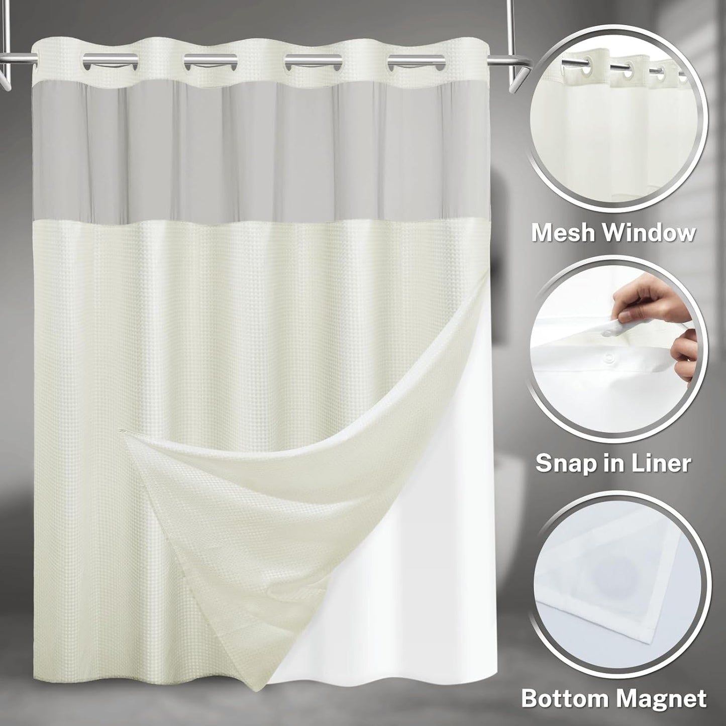 No Hook Shower Curtain with Snap in Liner Set Waffle Shower Curtain for Bathroom Hotel Style Fabric Waterproof Inner Liner，71" W x 74" H, Ivory