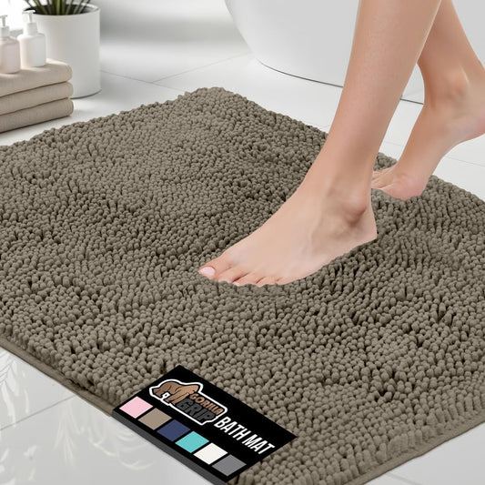 GORILLA GRIP Bath Rug Mat, Thick Soft Absorbent Chenille, Quick Dry Microfiber Mats, Rubber Backing Washable Shower Floor Rugs, Bathmat Runner, US Designed Bathroom Home Decor Accessories 24x17, Latte