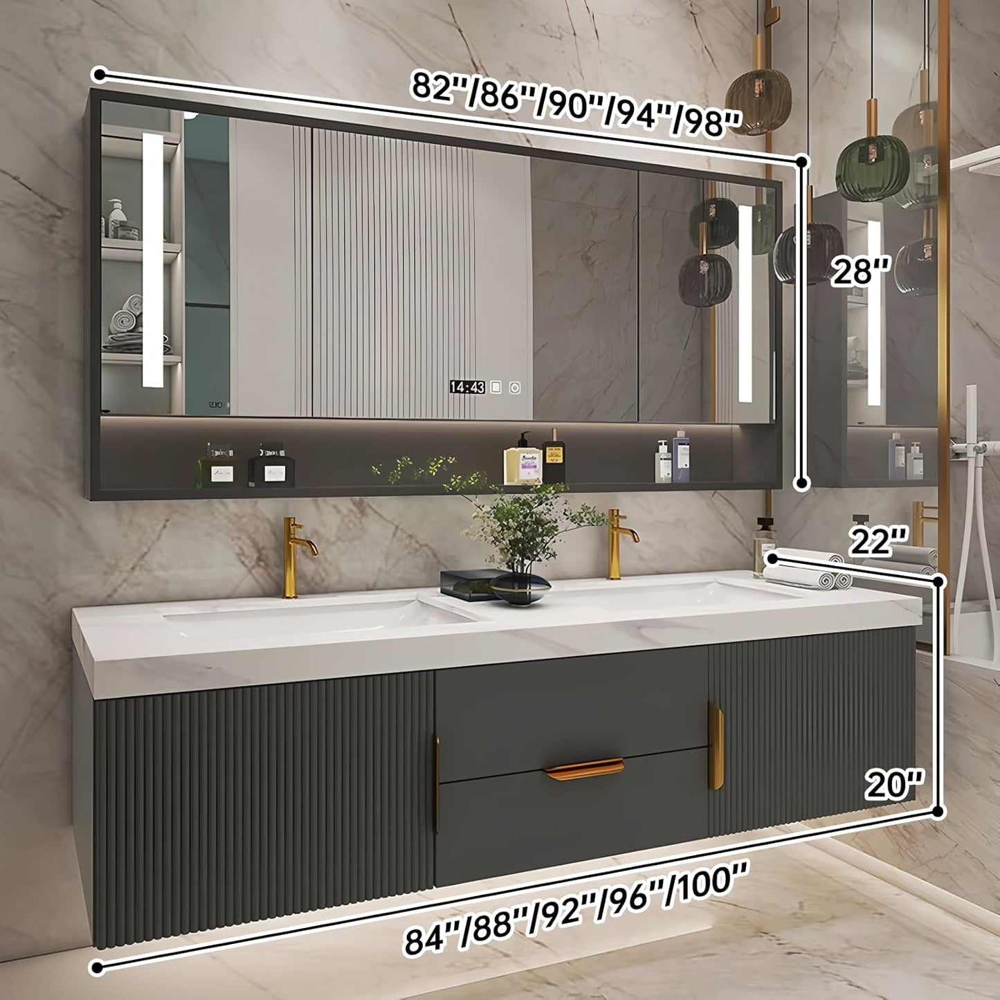 Bathroom Vanity with Double Sink, Modern Bathroom Vanities Compo Includes LED Smart Defogging Mirror Cabinet and Open Shelf, Solid Wood Bathroom Sink Vanity with Slate Countertop (Dark Grey,96")