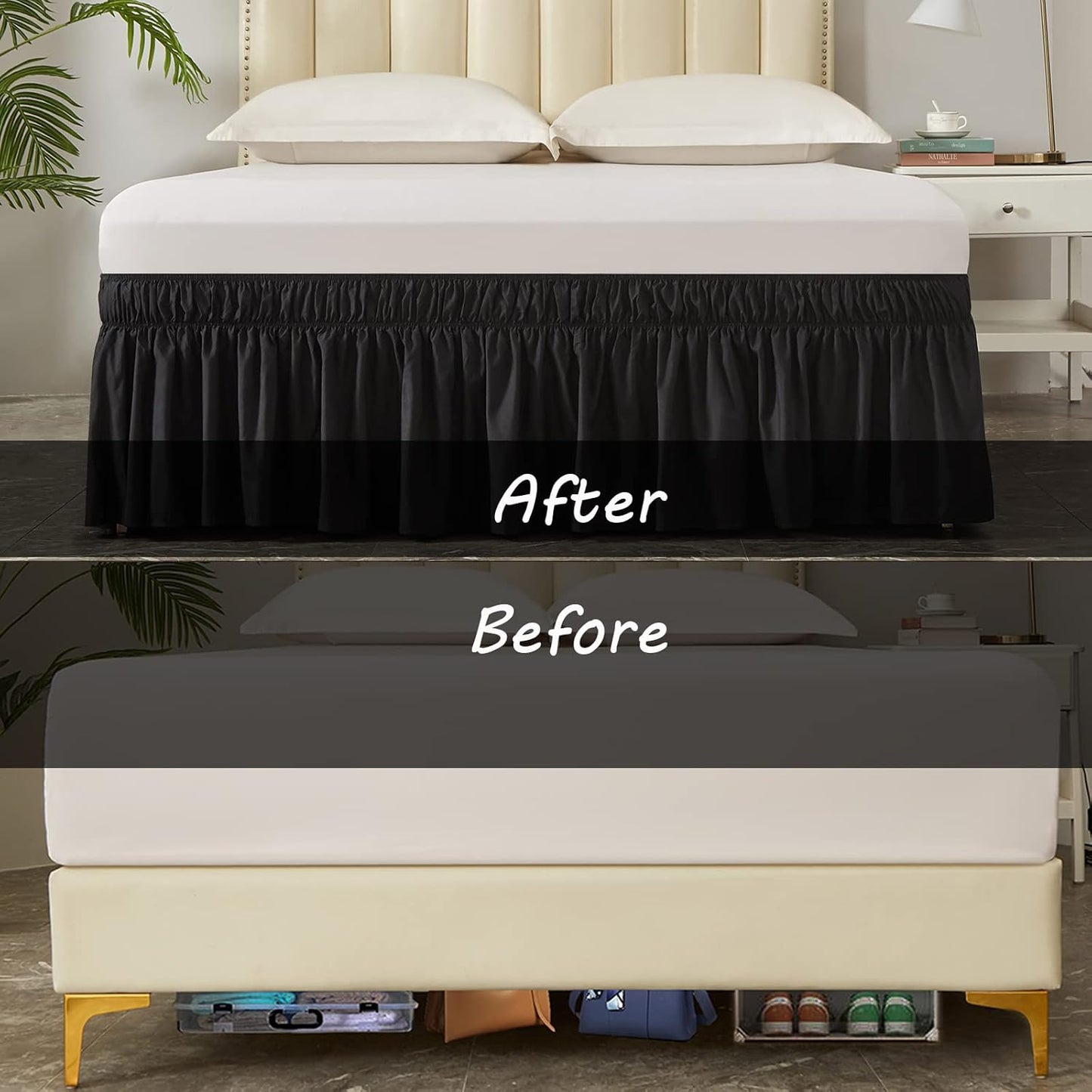 MEILA Wrap Around Bed Skirt Three Fabric Sides Elastic Dust Ruffled 24 Inch Tailored Drop,Easy to Install Fade Resistant-Black, Queen/King