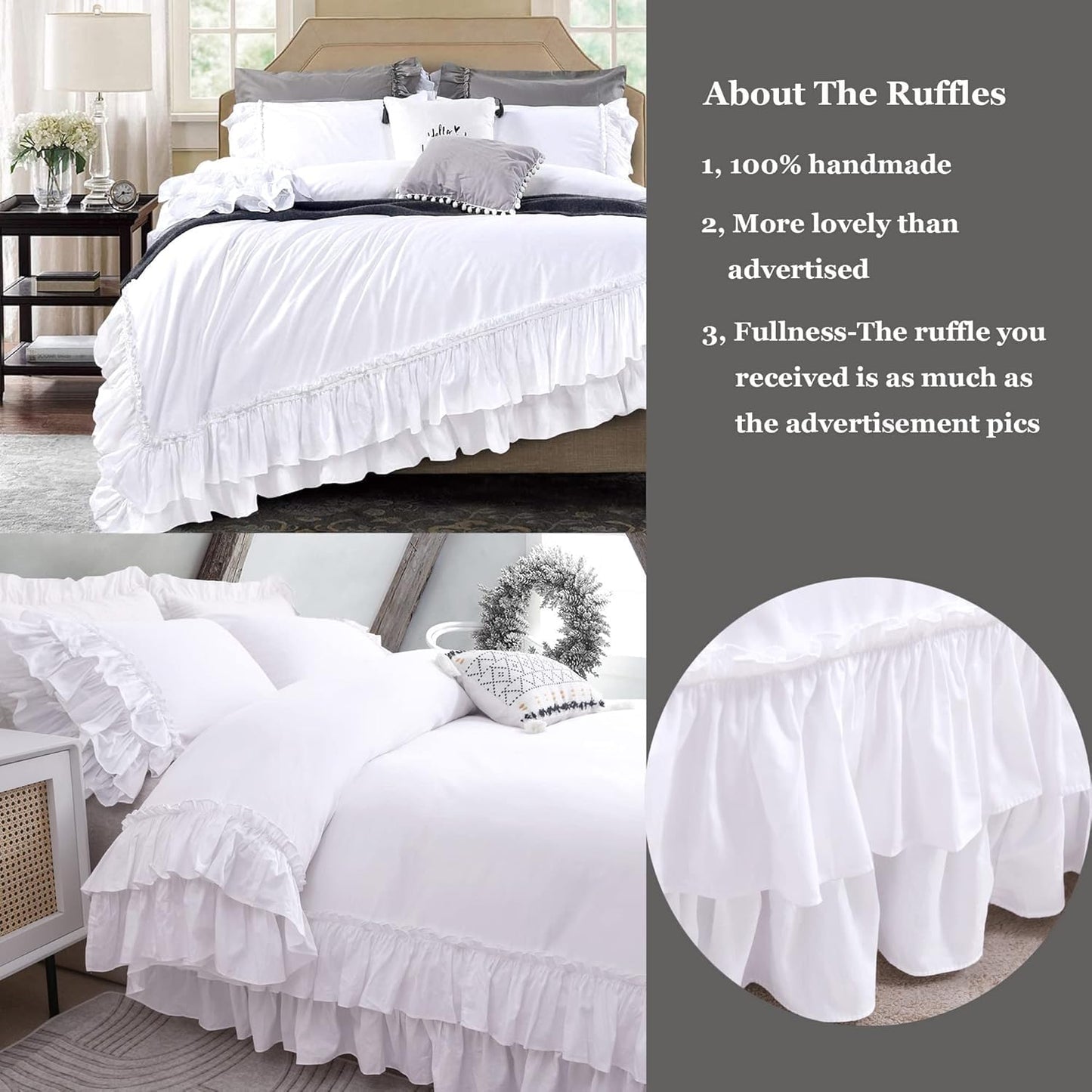 QSH Ruffle White Duvet Cover California King Size- Washed Cotton Shabby Farmhouse Chic Ruffled Bedding 3pcs(1 Soft Cotton Duvet Cover +2 Ruffle Pillowshams) Aesthetic French Country Calking Bed