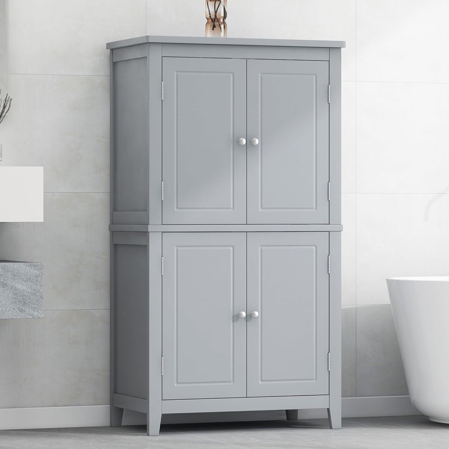 Freestanding Storage Cabinet with 4 Doors,Elegant Organizer Unit with Adjustable Shelves, Sturdy MDF Frame, Anti-Tipping Design, Large Capacity for Bathroom, Kitchen, Office, Home, Grey