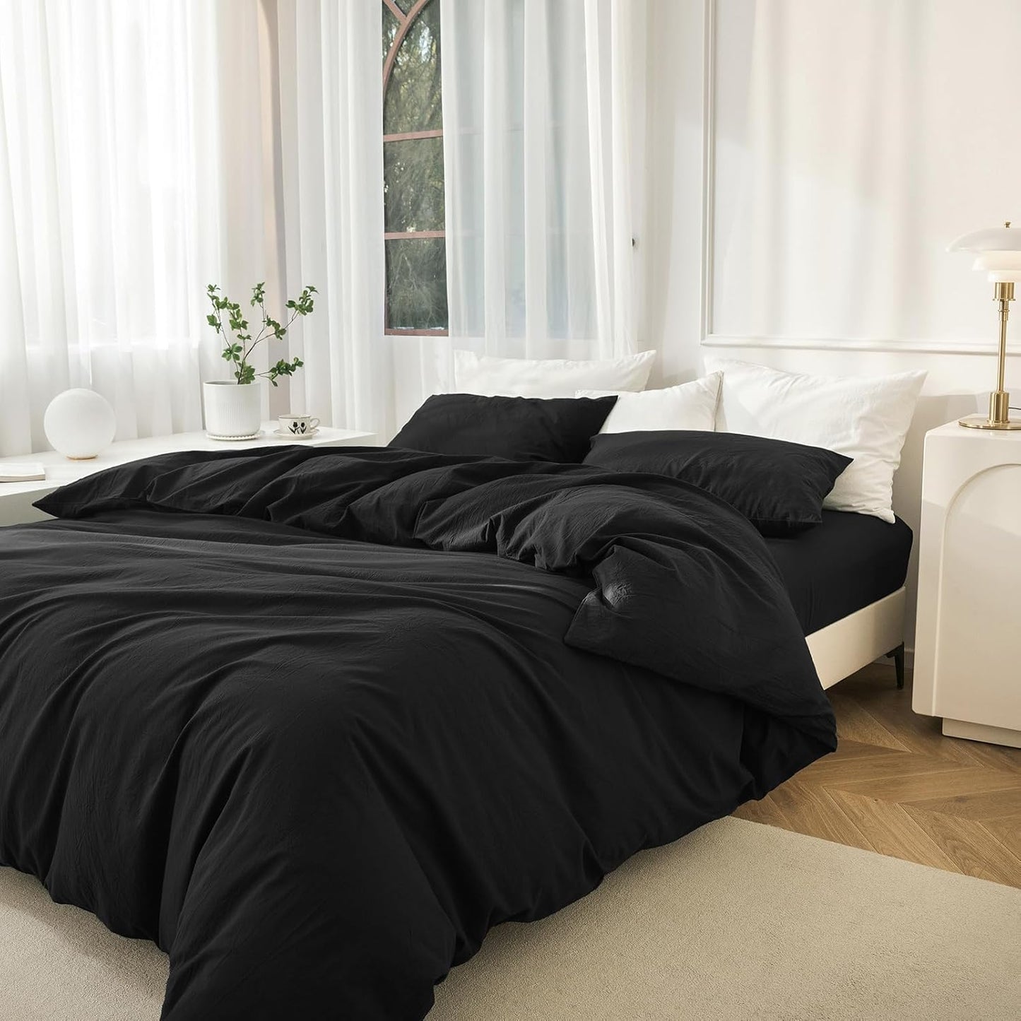 JIYUAN 100% Washed Cotton Duvet Cover Set 3 Pieces Full, 1 Duvet Cover 80x90 Inches(Comforter Not Included) and 2 Pillowcases,Linen Feel Bedding Set Comfy and Breathable,Black