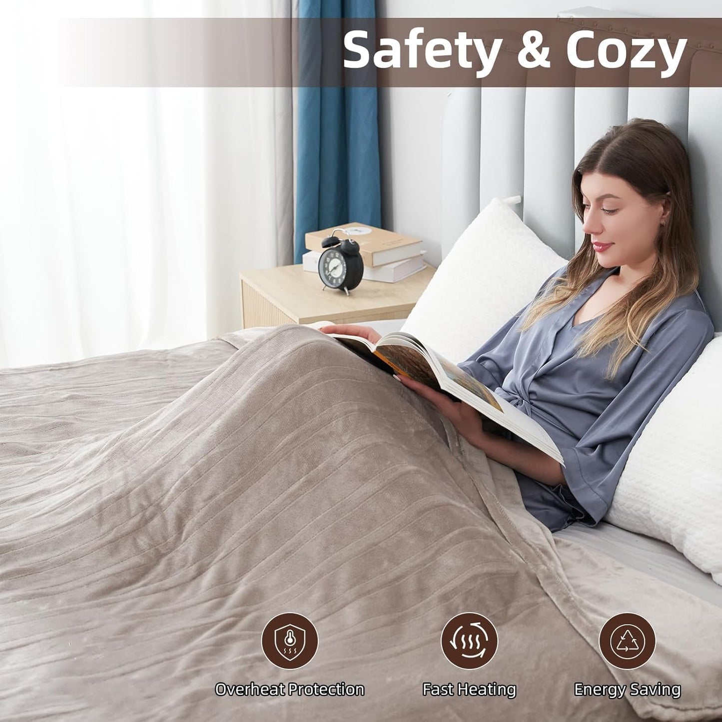 Electric Heated Blanket Twin Size 62”x84”,Soft Warmth Cozy with 6 Heating Settings 1-10 Hours Auto-Off, One Touch Operation, Machine Washable, Camel