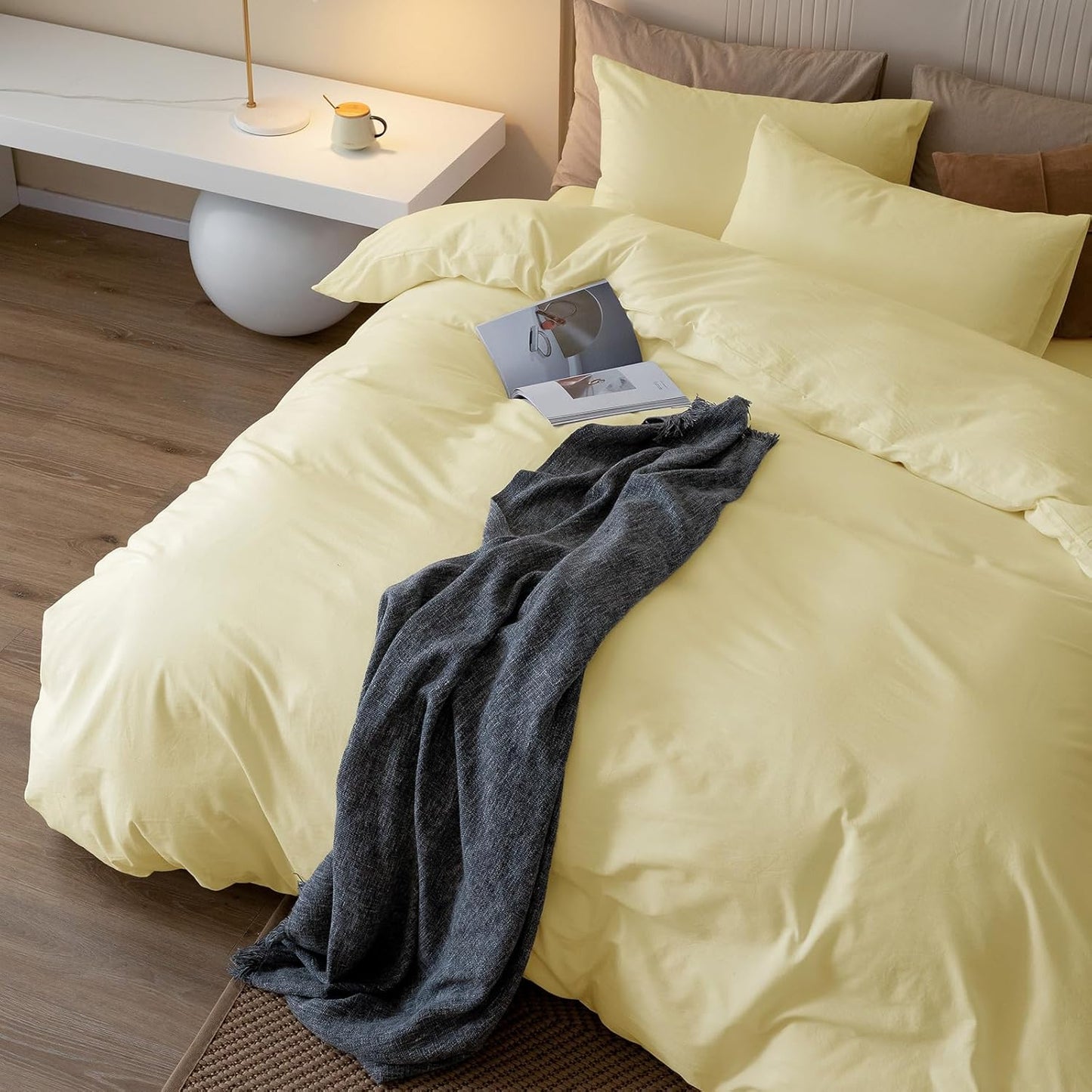 JIYUAN 100% Washed Cotton Duvet Cover Set 3 Pieces Cal King, 1 Duvet Cover 104x98 Inches(Comforter Not Included) and 2 Pillowcases,Linen Feel Bedding Set Comfy and Breathable,Light Yellow