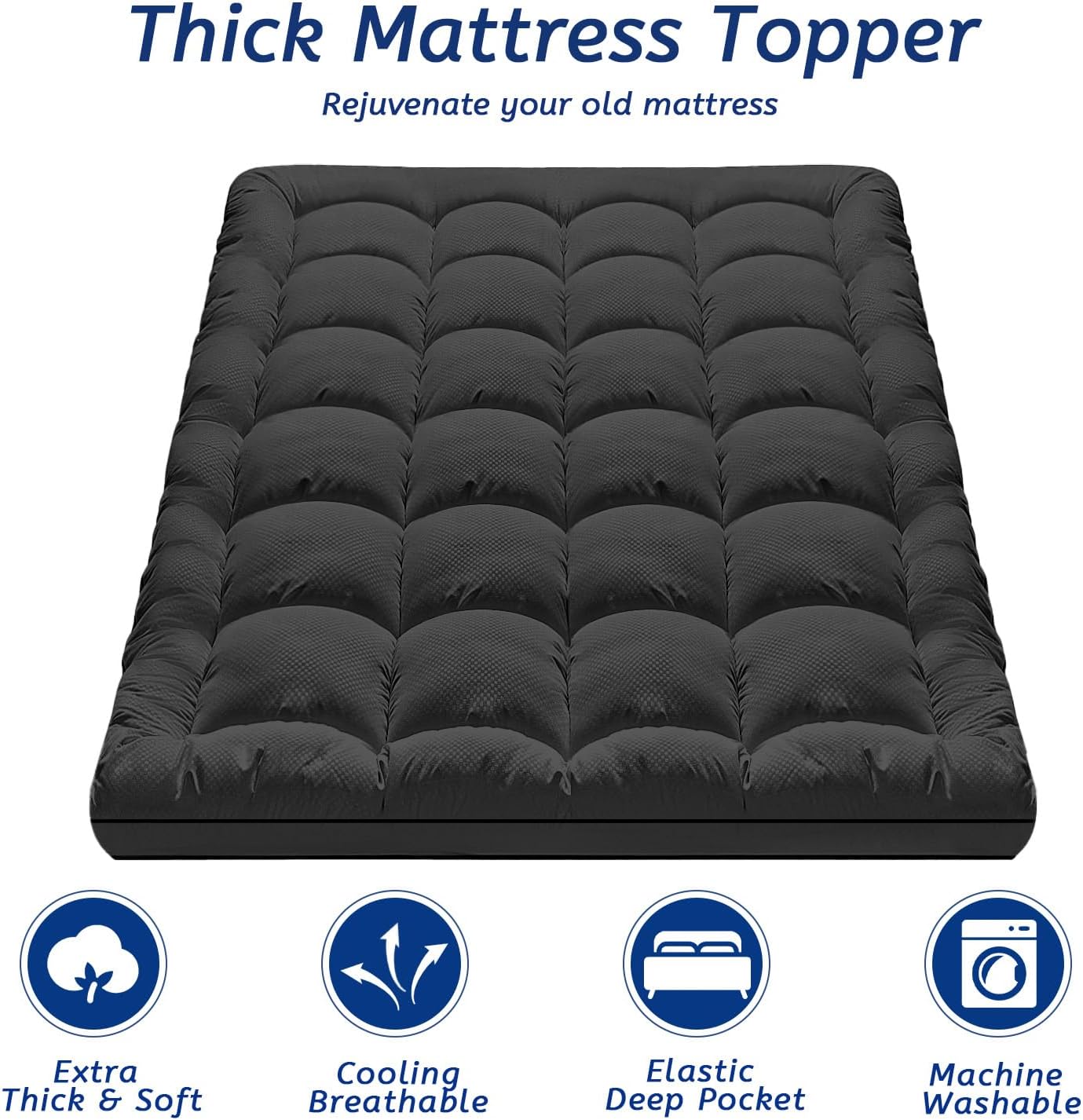 California King Mattress Topper for Back Pain, Cooling Extra Thick Mattress Pad Cover with 8-21 inch Deep Pocket, Plush Pillow Top Mattress Topper Overfilled with Down Alternative,Cal King,Black